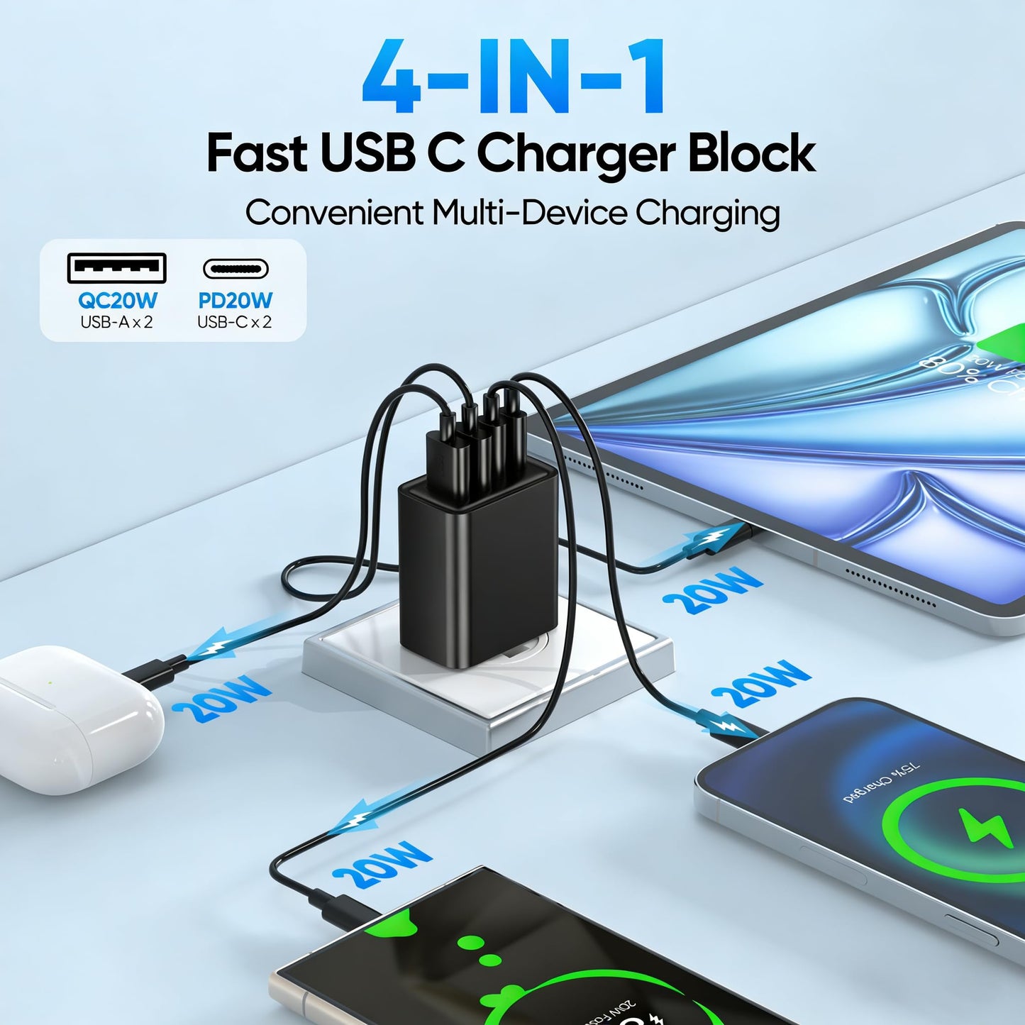 2 Pack USB C Charger Block 60W, 4-Port GaN5 Super Fast Phone Charger, Type C Charging Block PD 20W & QC 20W with 6.6FT USB C Cables for iPhone 17