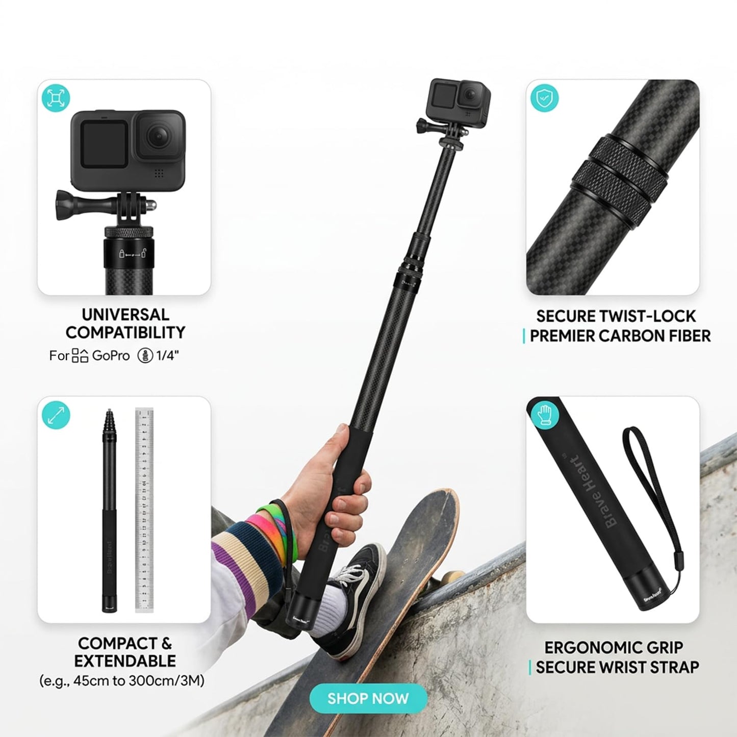3m Long Invisible Selfie Stick 9.8ft Carbon Fiber Lightweight Extension Pole for Insta360 ONE X5 X4 X 3 X2 R RS Action Camera (Black)