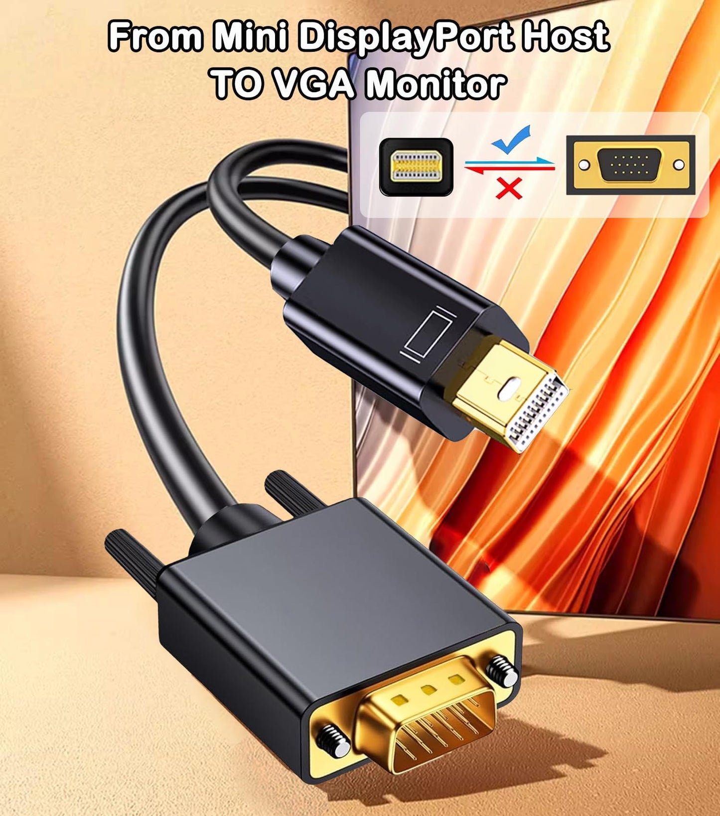 AKWOR Mini Displayport to VGA Cable 6FT/2 Pack, Mini DP Display Port to VGA Adapter Cable (Thunderbolt 2 Compatible) with MacBook Air/Pro, Surface