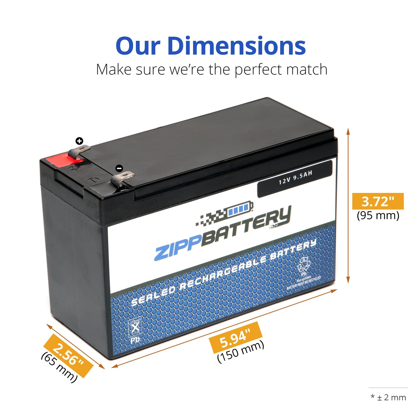 ZIPPBATTERY 12V 9.5AH Maintenance-Free Battery for Alarm Systems, Scooters, Toys, Emergency Lights, and More - Spade (F2) Terminal