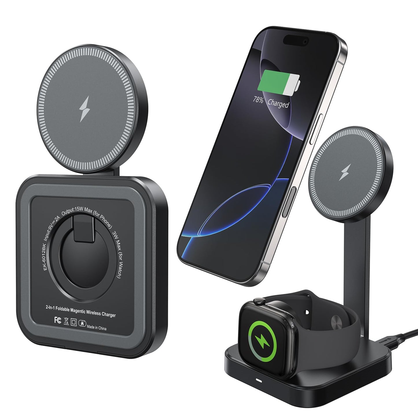 Esoulk 2 in 1 Wireless Charger for iPhone & Watch, 15W Fast Charging for Phone & 5W for Watch, Magnetic Wireless Charger Stand, Compact Foldable