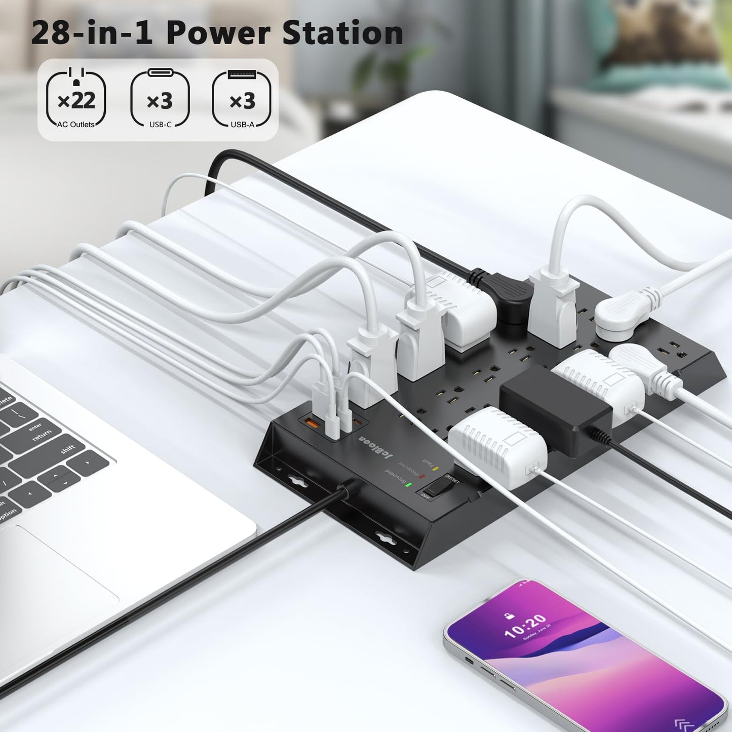 22 Outlets & 6 USB Big Power Strip, Jcblaon Surge Protector with 3USB C & 3USB A Charging Ports, 6.5ft Flat Plug Heavy Duty Extension