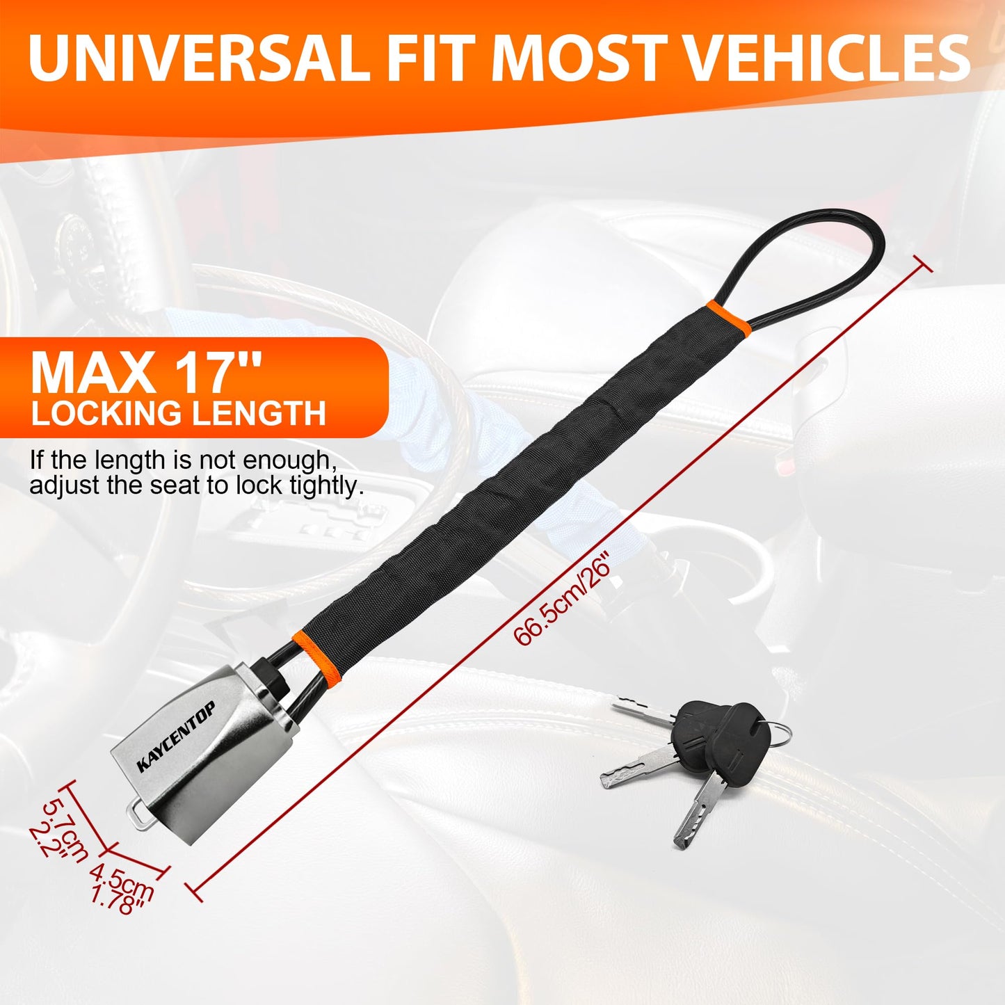 KAYCENTOP Car Steering Wheel Lock, Seat Belt Lock, Car Locks Anti-Theft Device with Aluminum Alloy Lock Housing, Max 17 Inch Length, High Visibility