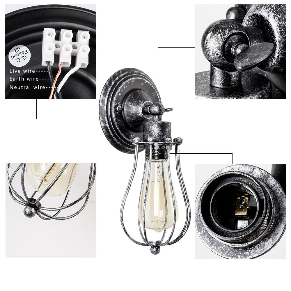 Vintage Wall Lamp Adjustable Rustic Retro Wire Cage Wall Light Industrial Style Indoor Lighting Fixture ;Moonkist (Silver)