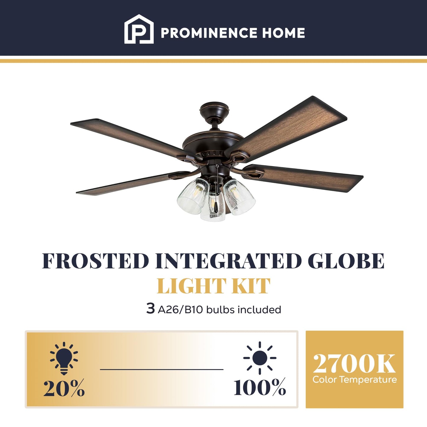 Prominence Home Glenmont, 52 Inch Farmhouse LED Ceiling Fan with Light, Pull Chain, Three Mounting Options, Dual Finish Blades, Reversible Motor