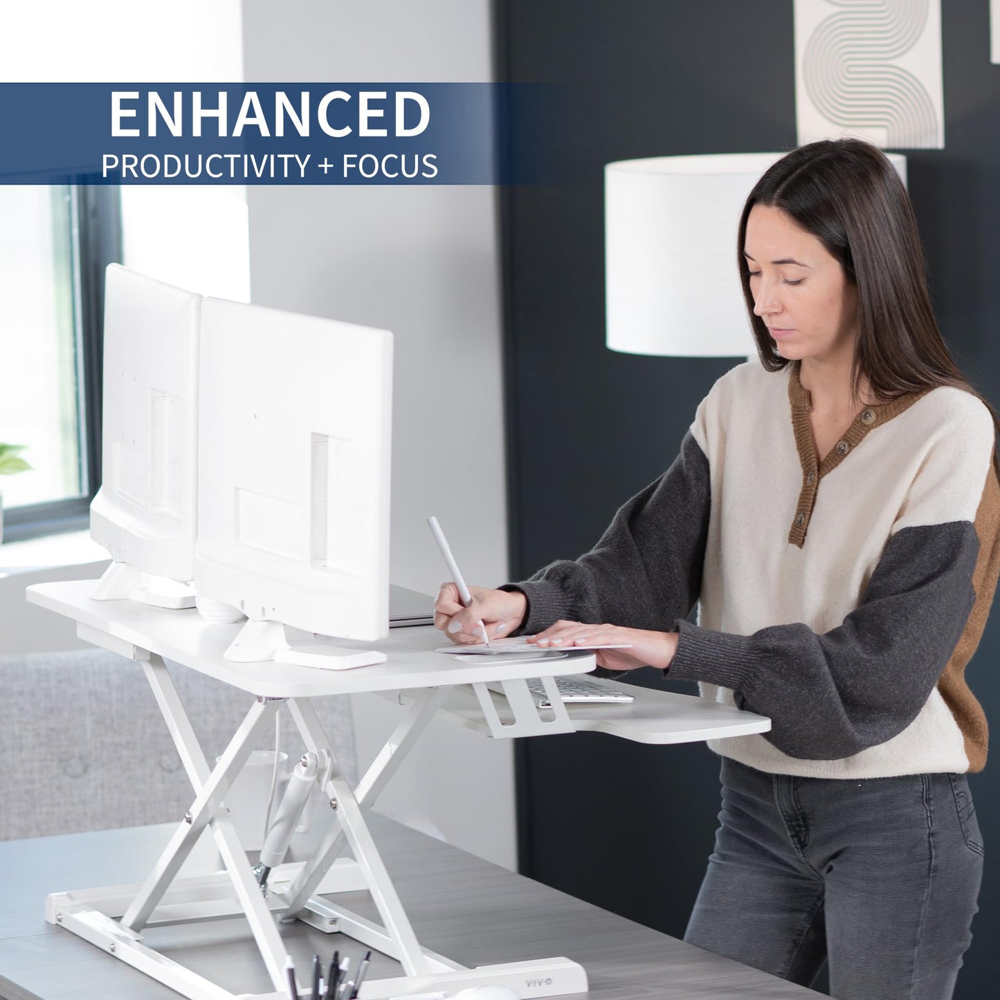 VIVO 38 inch Desk Converter, K Series, Height Adjustable Sit to Stand Riser, Dual Monitor and Laptop Workstation with Wide Keyboard Tray, White