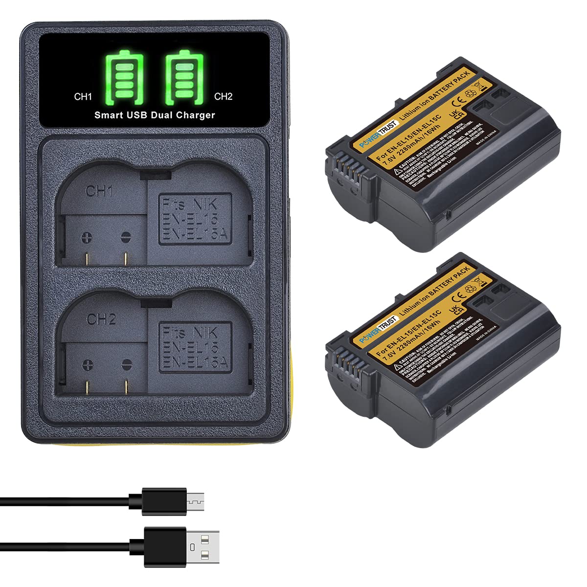 PowerTrust EN-EL15C EN-EL15 Battery and Charger Compatible with Nikon D7500, D7200, D7100, D7000, D850, D750, D500