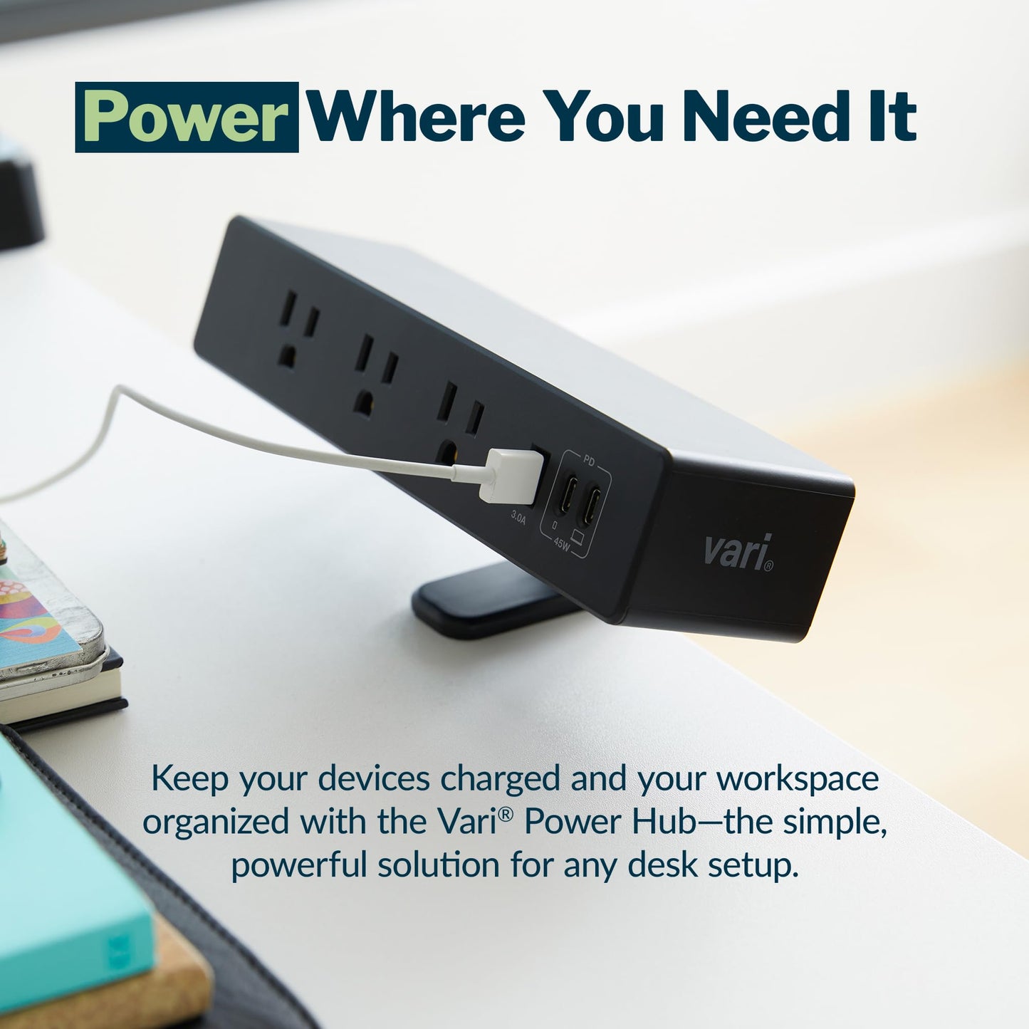 Vari Power Hub 4th Gen - Desk Mount Charging Station with 5 AC Outlets, 2 USB-C Ports, and 1 USB-A Port - Fast 45W Power Delivery, 12’ Cord, Clamp-On