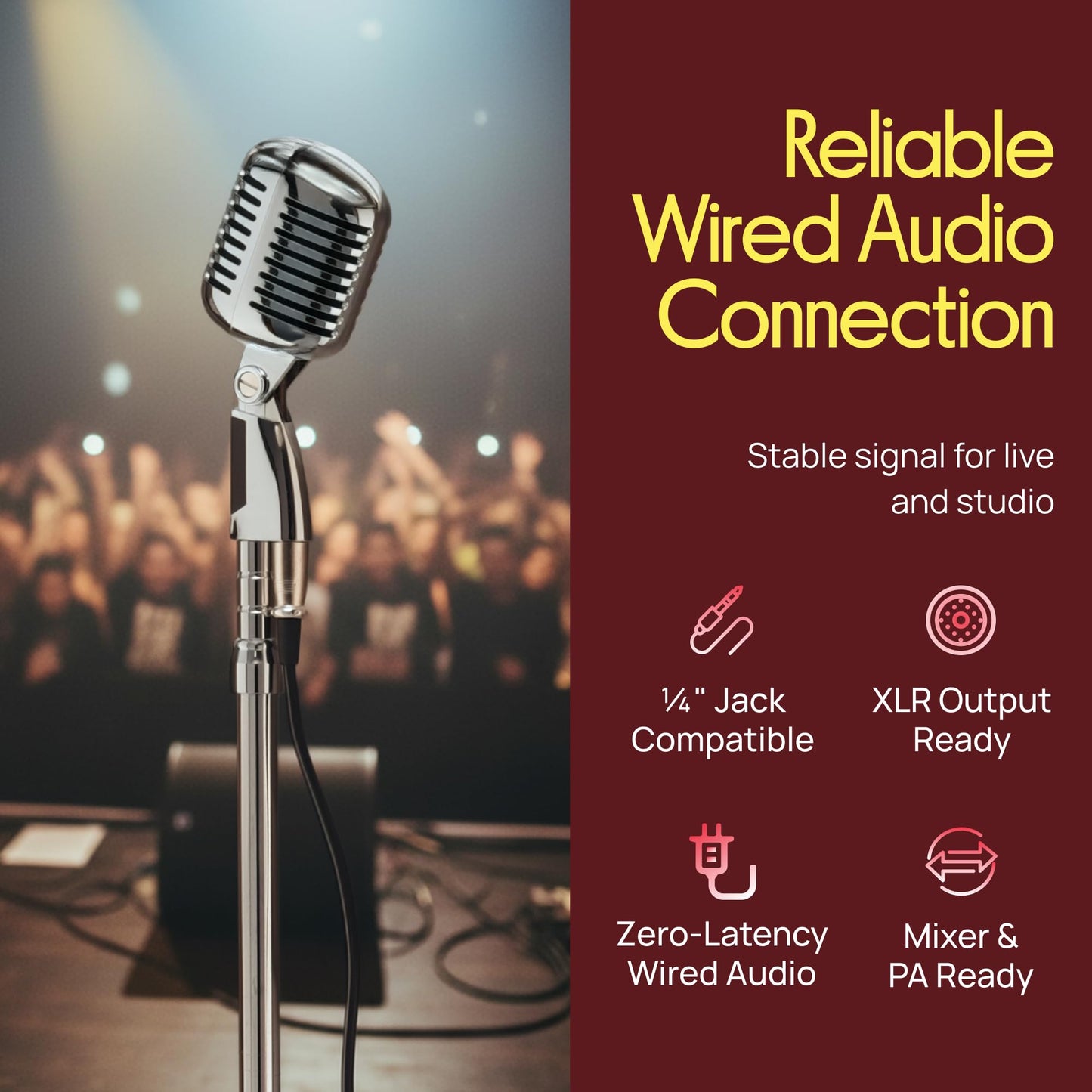 Pyle Retro Microphone, Classic Vintage Style, Unidirectional Audio, Adjustable Stand, XLR Cable, Silver Finish, Dynamic Vocal Performance Mic with