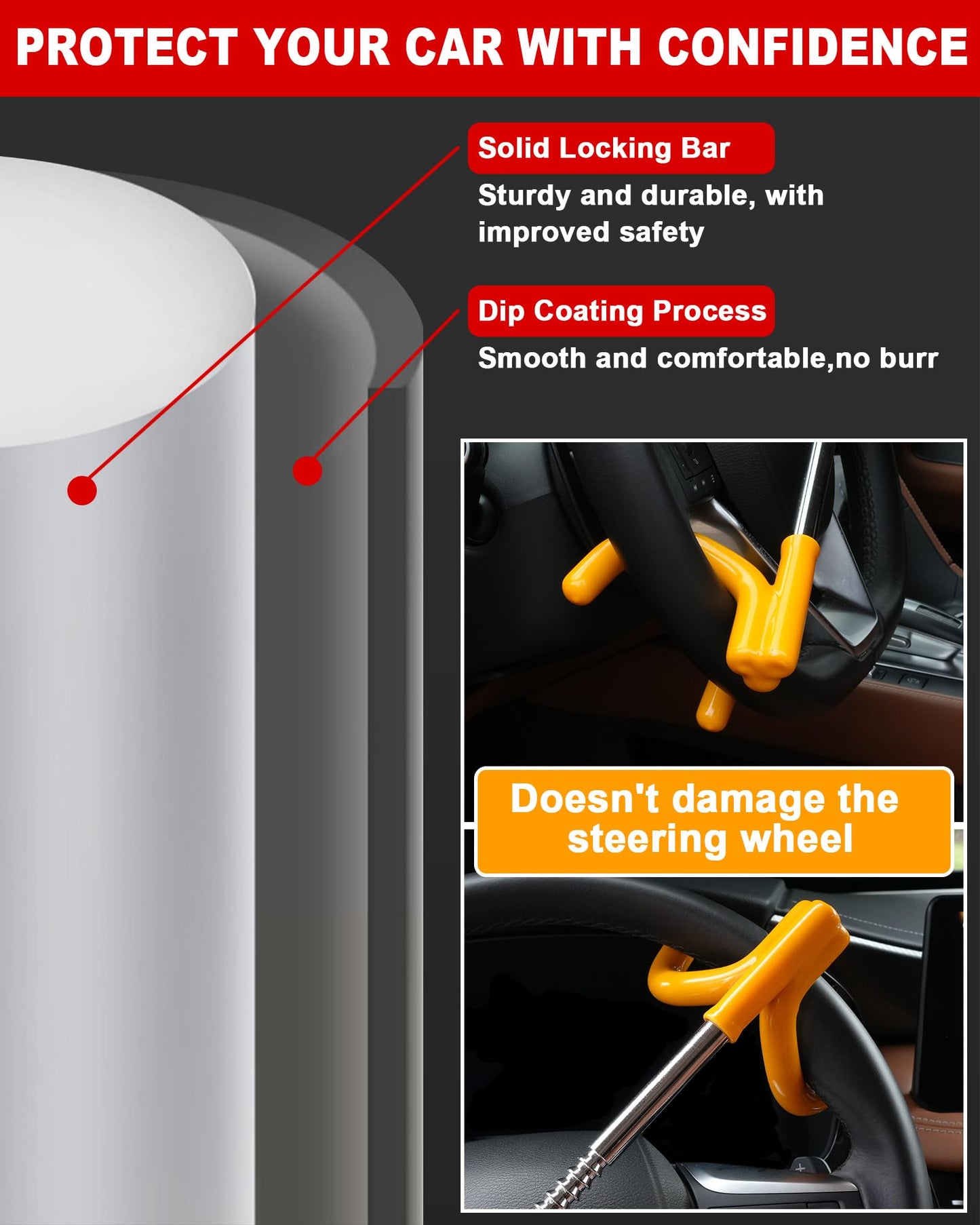 Tevlaphee Car Steering Wheel Lock Great Deterrent Adjustable Car Lock Steering Wheel Anti Theft Car Device for Vehicles,Trucks,Vans,SUVs (Yellow)