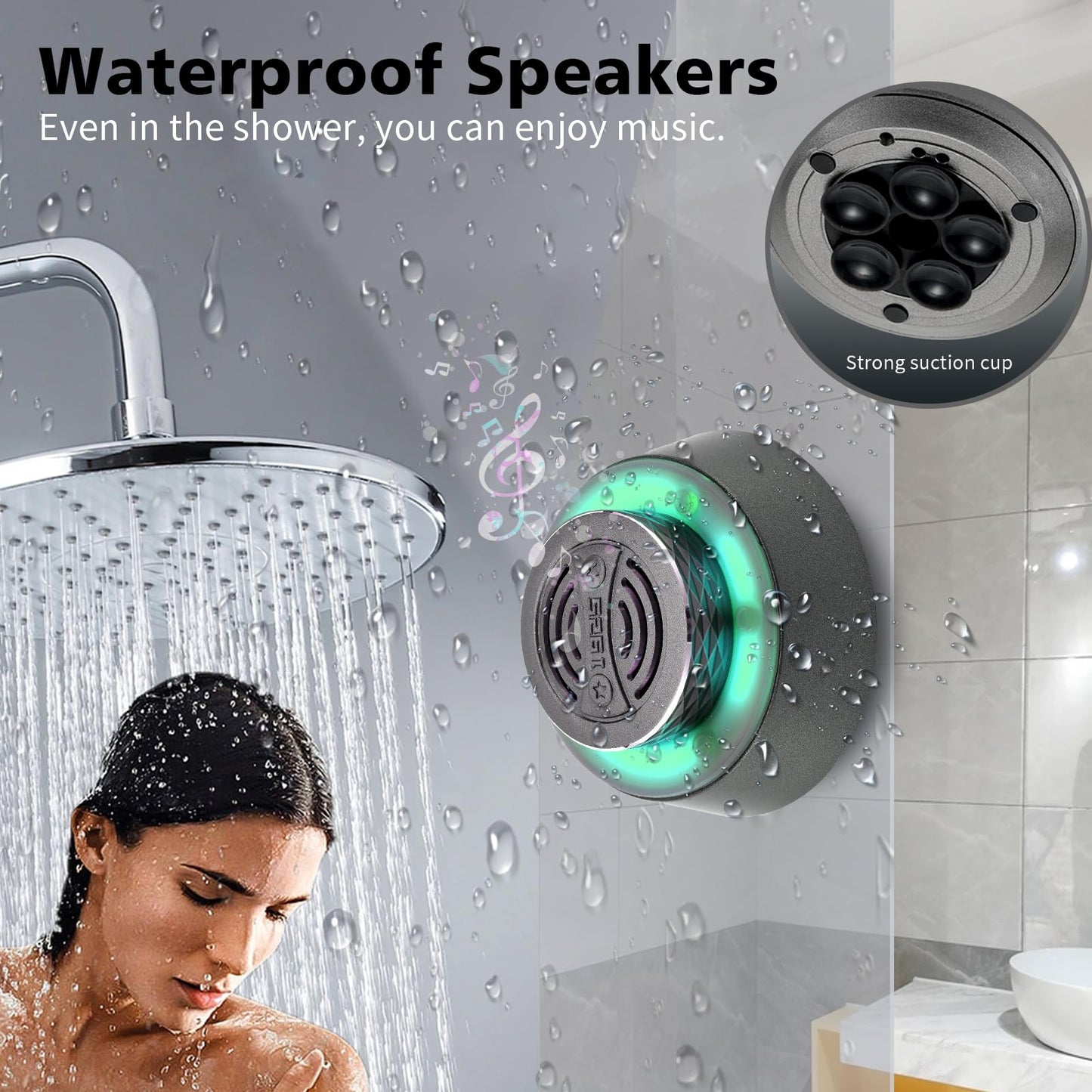 Okjew Bluetooth Shower Speaker, IP67 Waterproof Wireless Speaker with Colorful LED Lights, True Wireless 3D Stereo Sound, Portable Outdoor Speakers