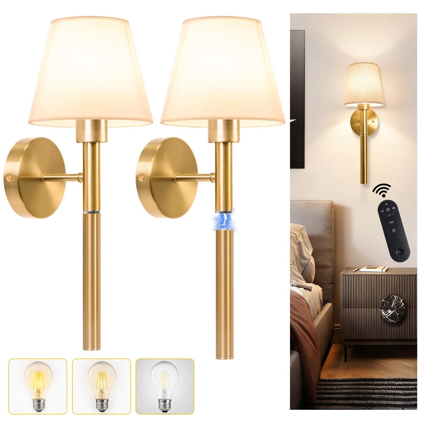 NoxLumina Battery Operated Wall Sconce Set of Two, 5200mAh Magnetic-Handle Rechargeable Sconces Wall Decor with Remote, Gold Wireless Wall Lights Lamp