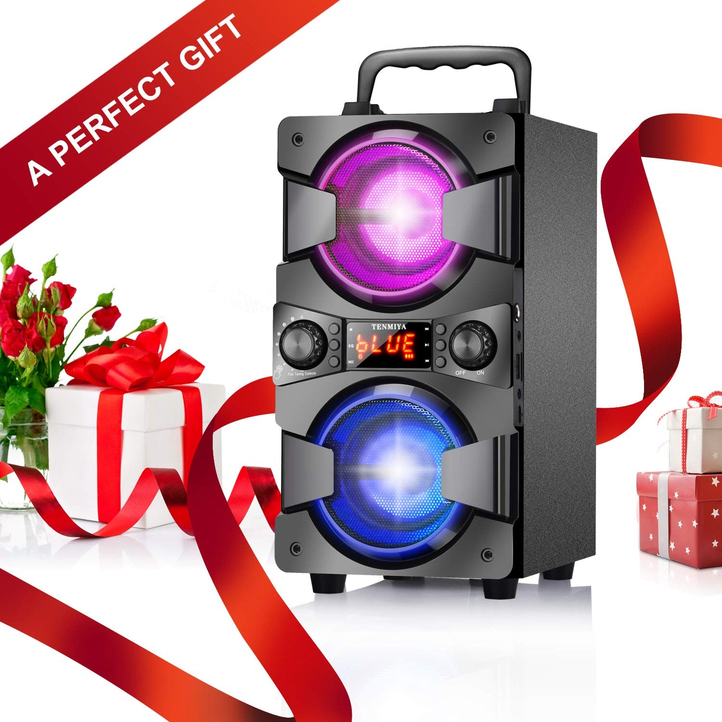 Bluetooth Speaker, Portable Wireless Speakers with Microphone, 60W Peak Loud Stereo Rich Bass, Lights, Remote, FM Radio, EQ, Double Subwoofer Sound