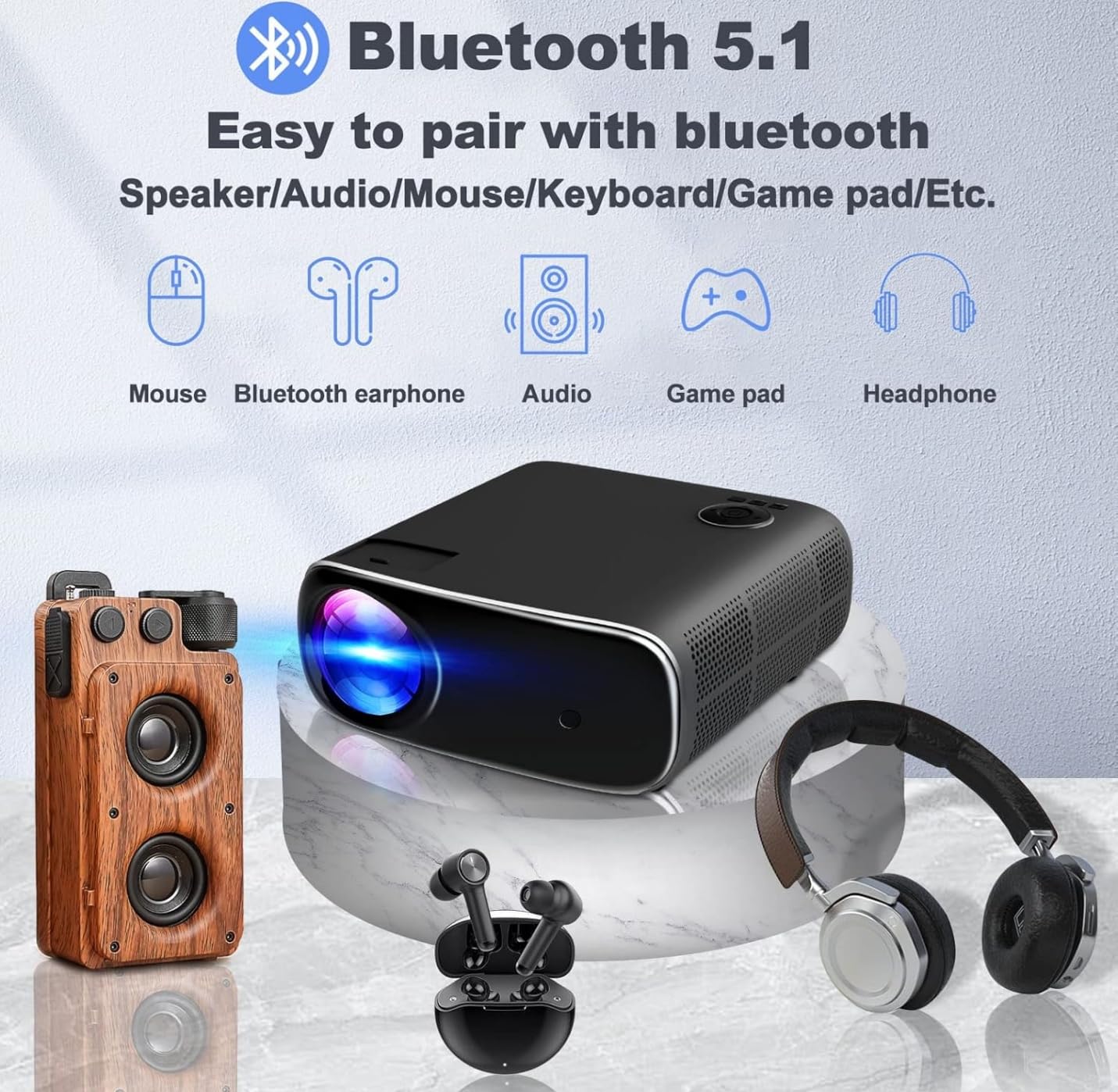 kovela Smart Projector with WiFi and Bluetooth 1080P Outdoor Video Projector Support 4K 800 ANSI Smart Outdoor Home Movie Projectors Auto Keystone
