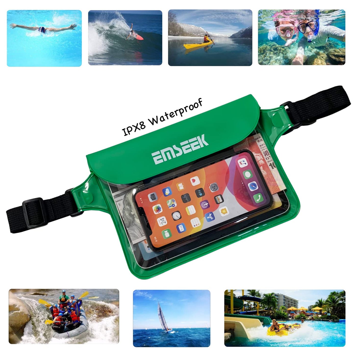 EMSEEK Waterproof Waist Pouch Dry Belt Bag Fanny Pack Keep Your Key Fob Wallet Kindle Phone Dry Perfect For Swim Surf Snorkel(Green)