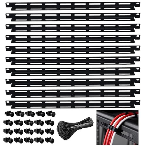 10 Pcs 19 in Rack Cable Management Kit, Including 0.5U L-Shaped Tie Bars, 20 Cabinet Screws, 100 Cable Ties, Sturdy Metal with Black Coating
