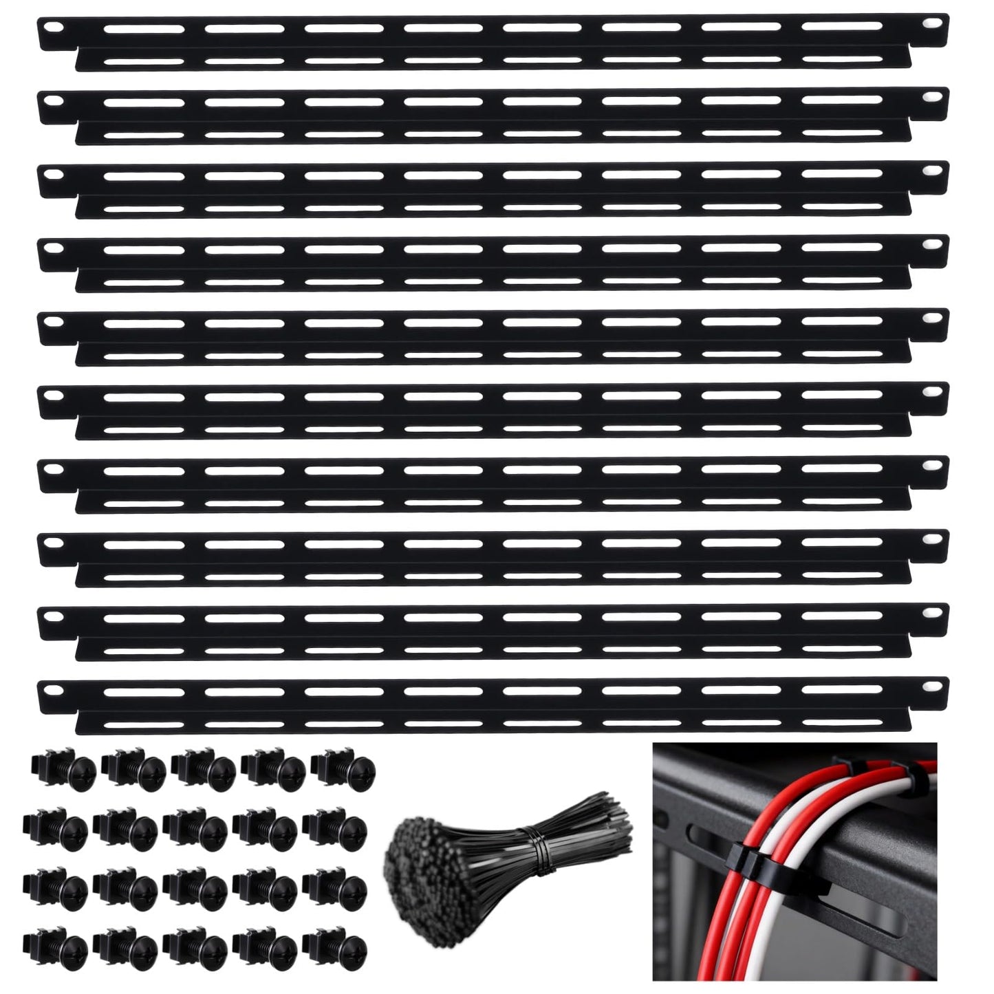 10 Pcs 19 in Rack Cable Management Kit, Including 0.5U L-Shaped Tie Bars, 20 Cabinet Screws, 100 Cable Ties, Sturdy Metal with Black Coating