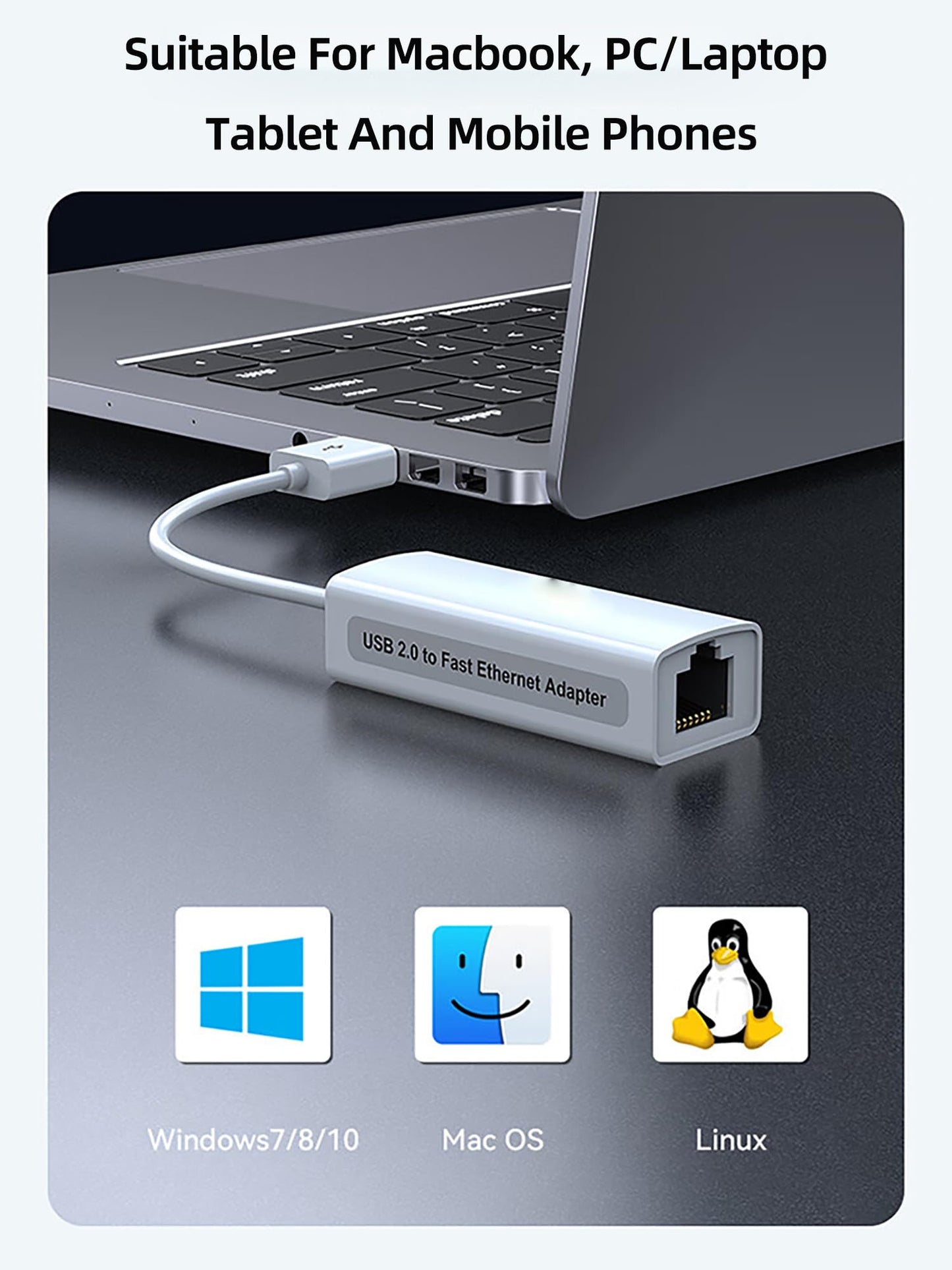 USB to Ethernet Adapter, 100Mbps High-Speed RJ45 Internet Adapter, USB2.0 to Ethernet Converter for Laptop/MacBook/Surface/PC, Plug & Play, Compact