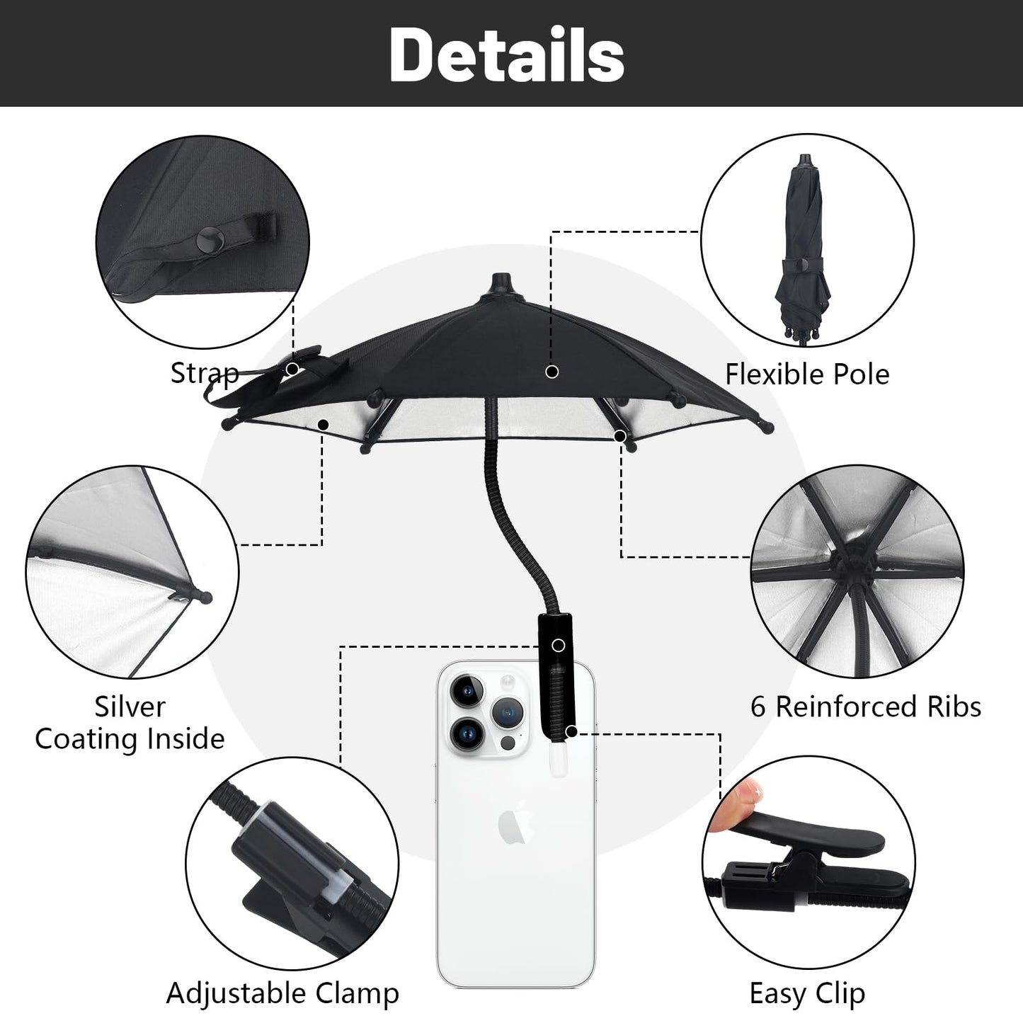 TOUGHMATE Mini Clip-on Phone Umbrella for Sun Flexible Adjustable Handle, Cell Phone Umbrellas Sun Shade Protects from Sunlight and Glare, Universal