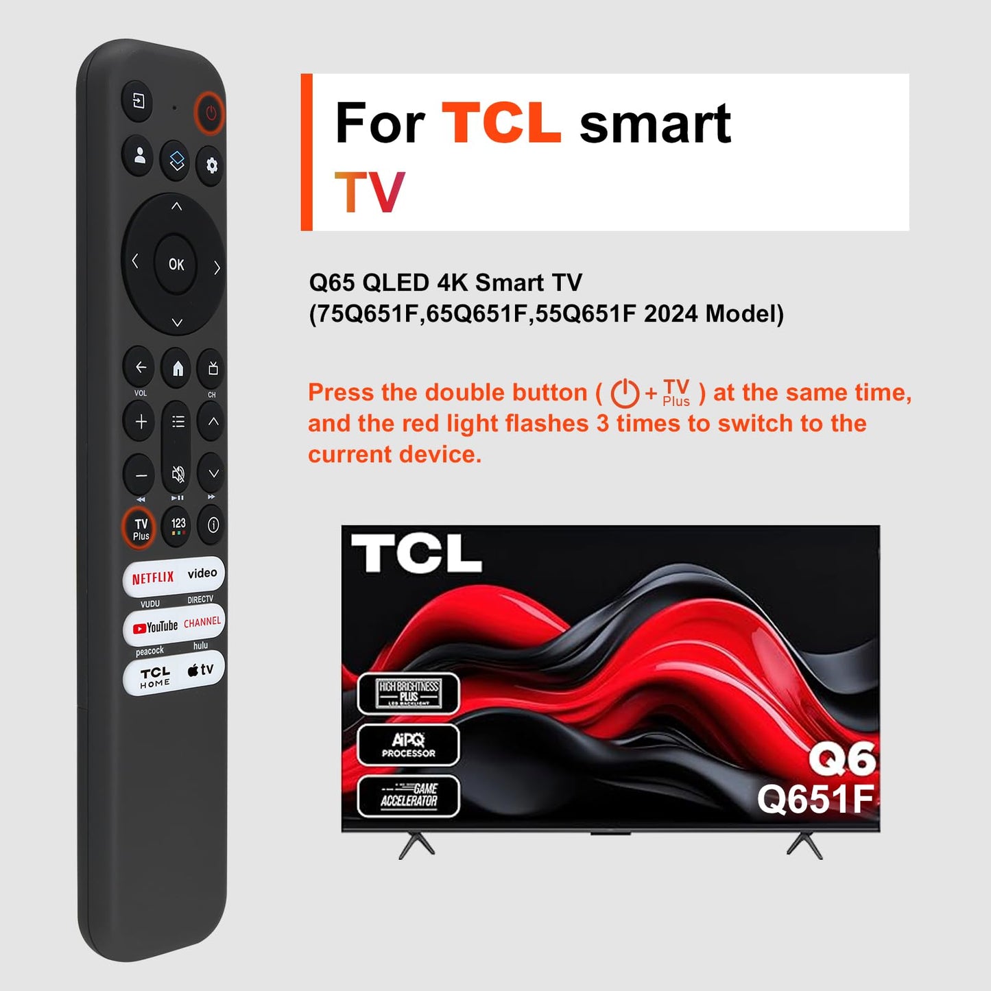 Replacement for TCL TV Remote Control, for TCL-Google/Roku-TV, Compatible with FHD HDR LED QLED 4K UHD Smart TV(No Voice)