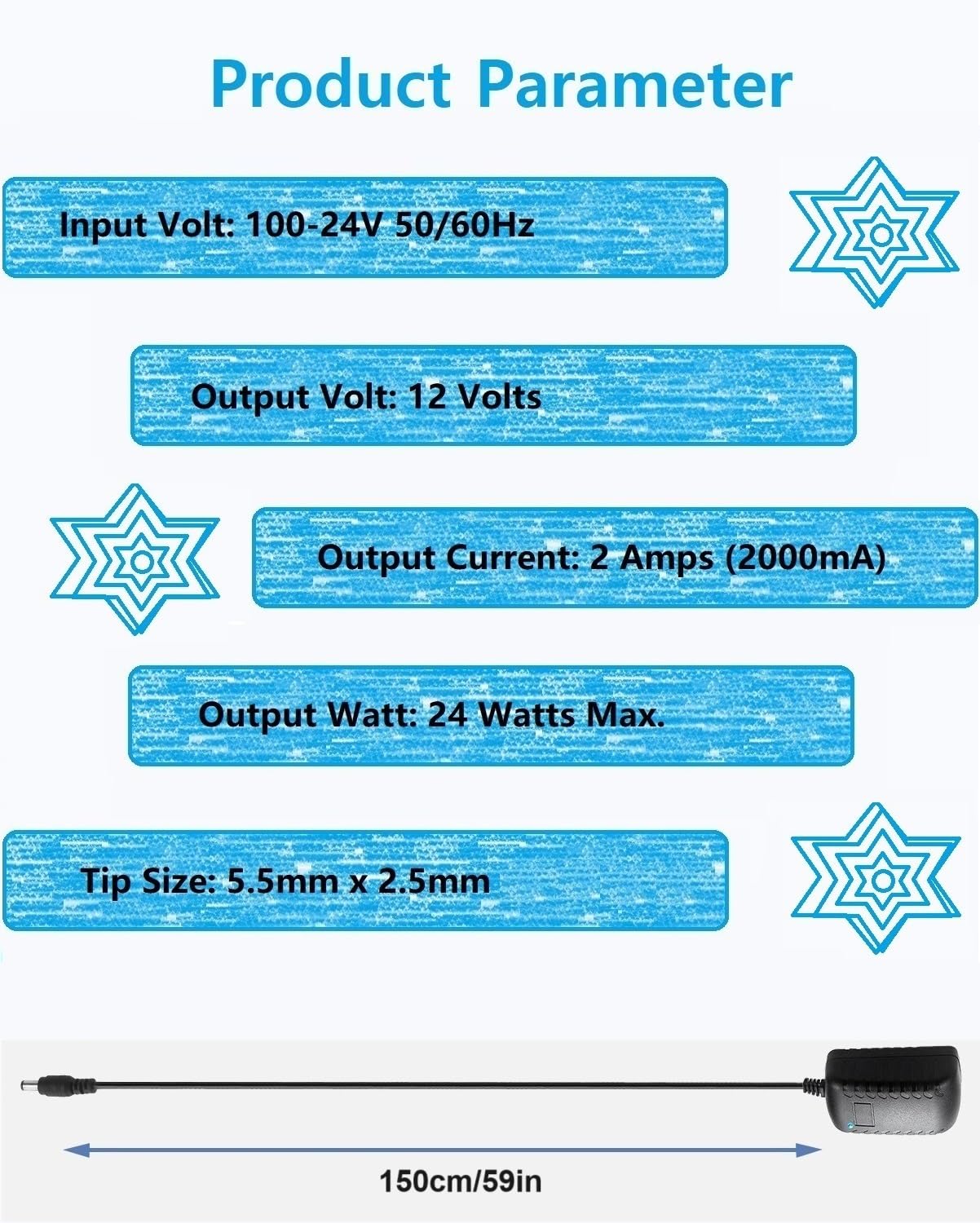 12V DC Power Supply 2A Universal AC Adapter, 100-240 50/60Hz to 12 Volts 2Amp Transformer, DC 12V Power Adapter Cord, 【5.5mm x 2.5mm Barrel Plug】