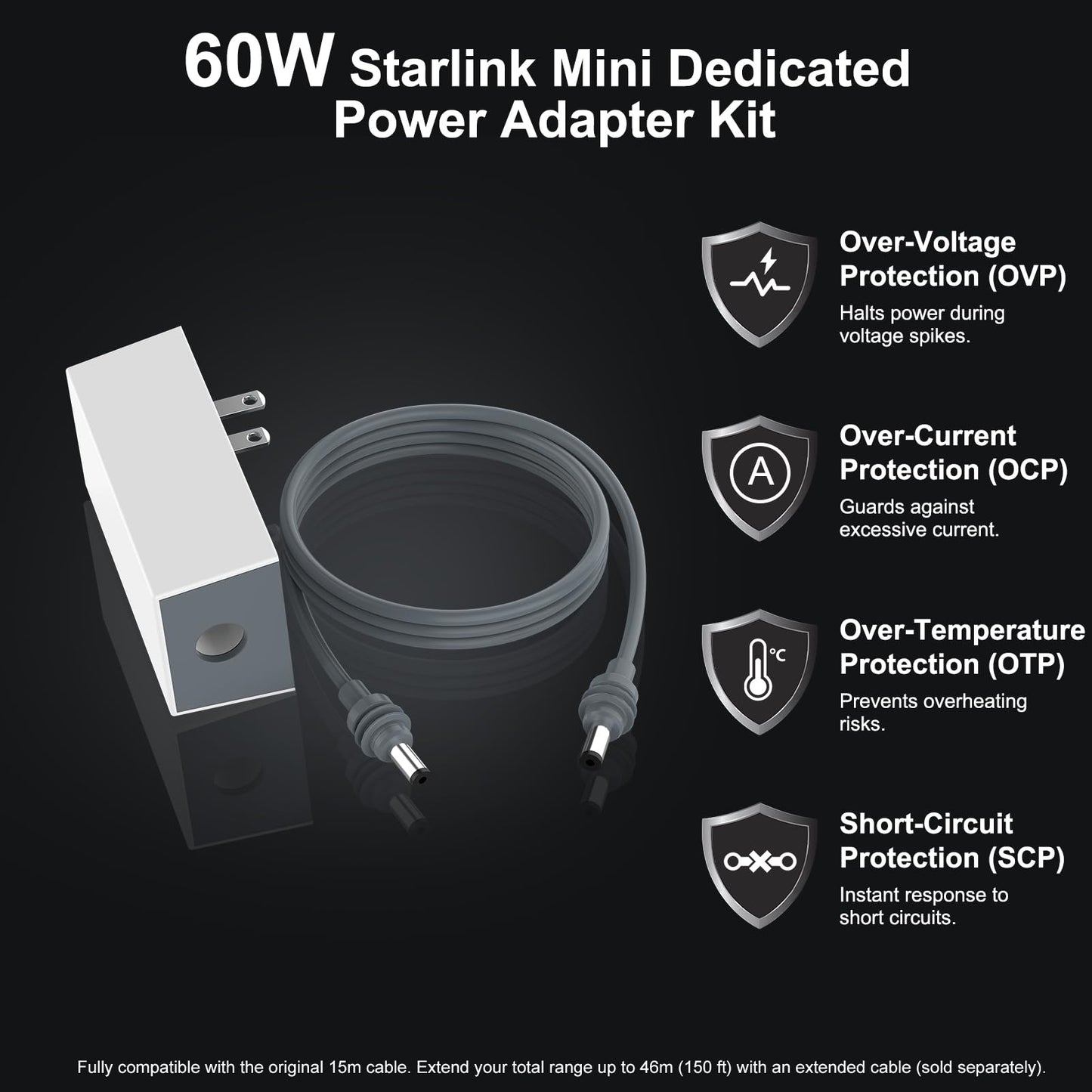 Starlink Mini Power Supply & Accessories, 60W Replacement AC Adapter 30V 2.0A Portable Power Supply,with 9.8FT DC Cable for Starlink Mini Dish