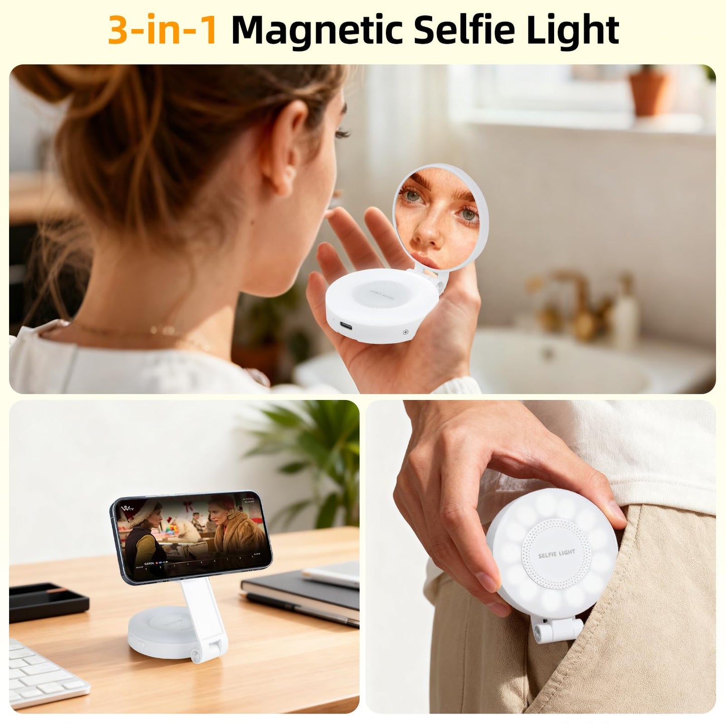 Magnetic Selfie Light for iPhone with Mirror Foldable Magnetic Fill Light with Sticky Ring for Android Rechargeable Portable Phone Ring Lights