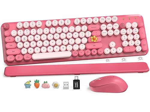 Wireless Keyboard and Mouse Combo, Cute Hot Pink Full-Size Retro Typewriter Keyboard with Round Keycaps, Magnetic Wrist Rest, Tilt Legs, 2.4GHz