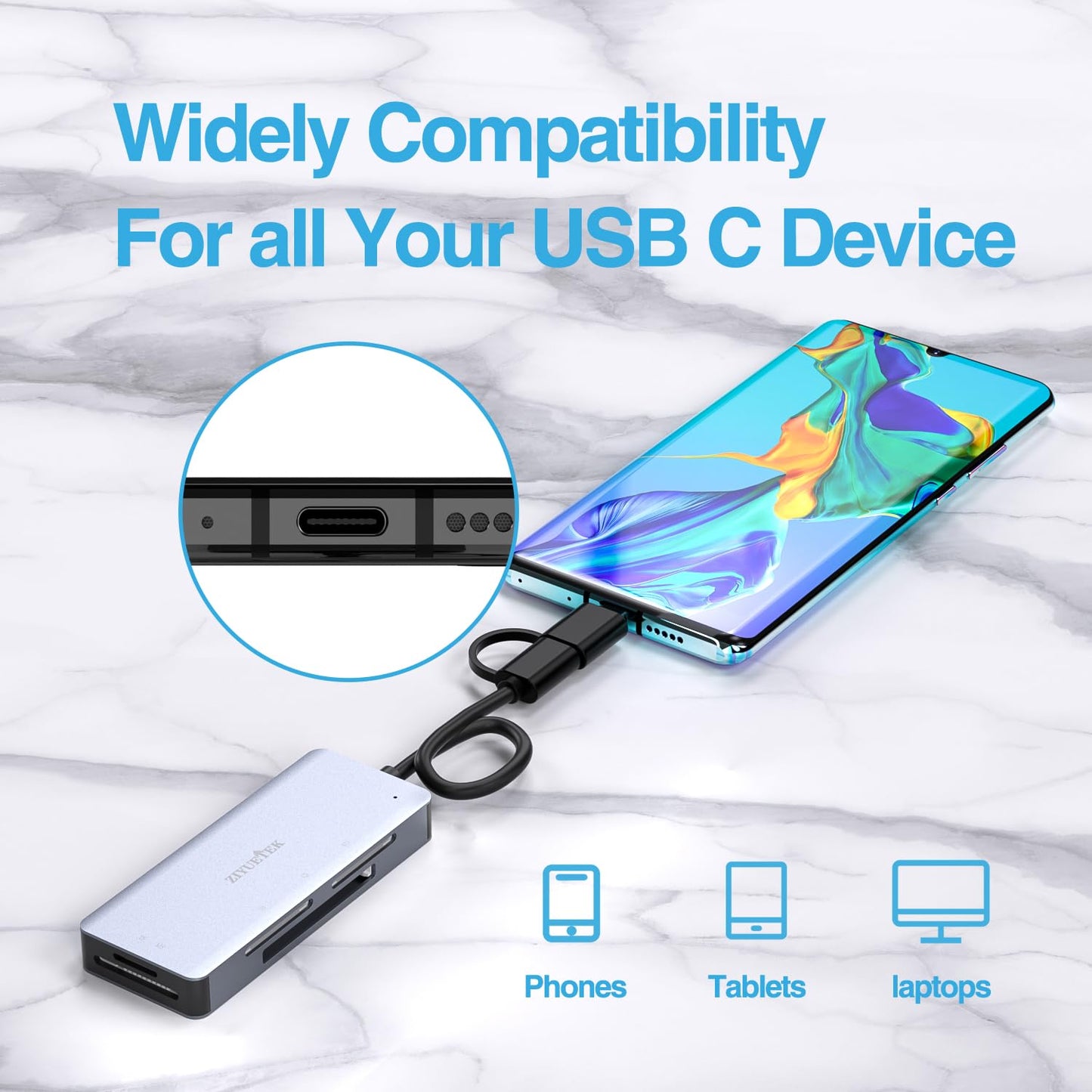 SD Card Reader, Aluminum 5in1 USB USB-C to SD Micro SD MS CF XD Card Reader Adapter Compatible with iPhone 15/16/Pro/Max, MacBook Pro/Air 2023, iPad