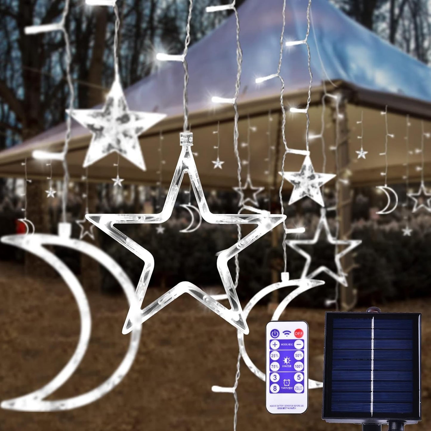 XINXIANLIAN 138 LED Ramadan Decorations Lights Solar Moon and Star Lights Outdoor Waterproof Powered Curtain Lights with 8 Modes Ramadan Hanging Decor