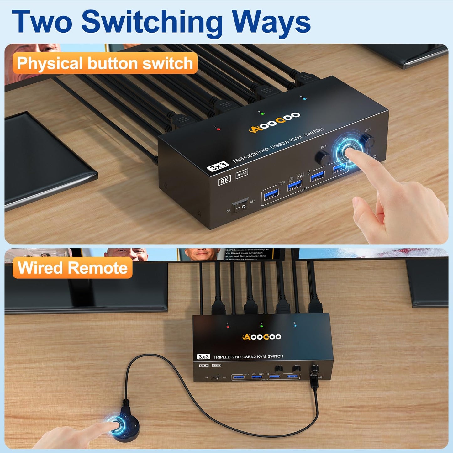 8K HDMI DP KVM Switch 3 Monitors 3 Computers, 8K@60Hz/4K@144Hz Triple Monitor KVM Switches for 3 Computers Sharing 3 Monitors, Keyboard and Mouse,with