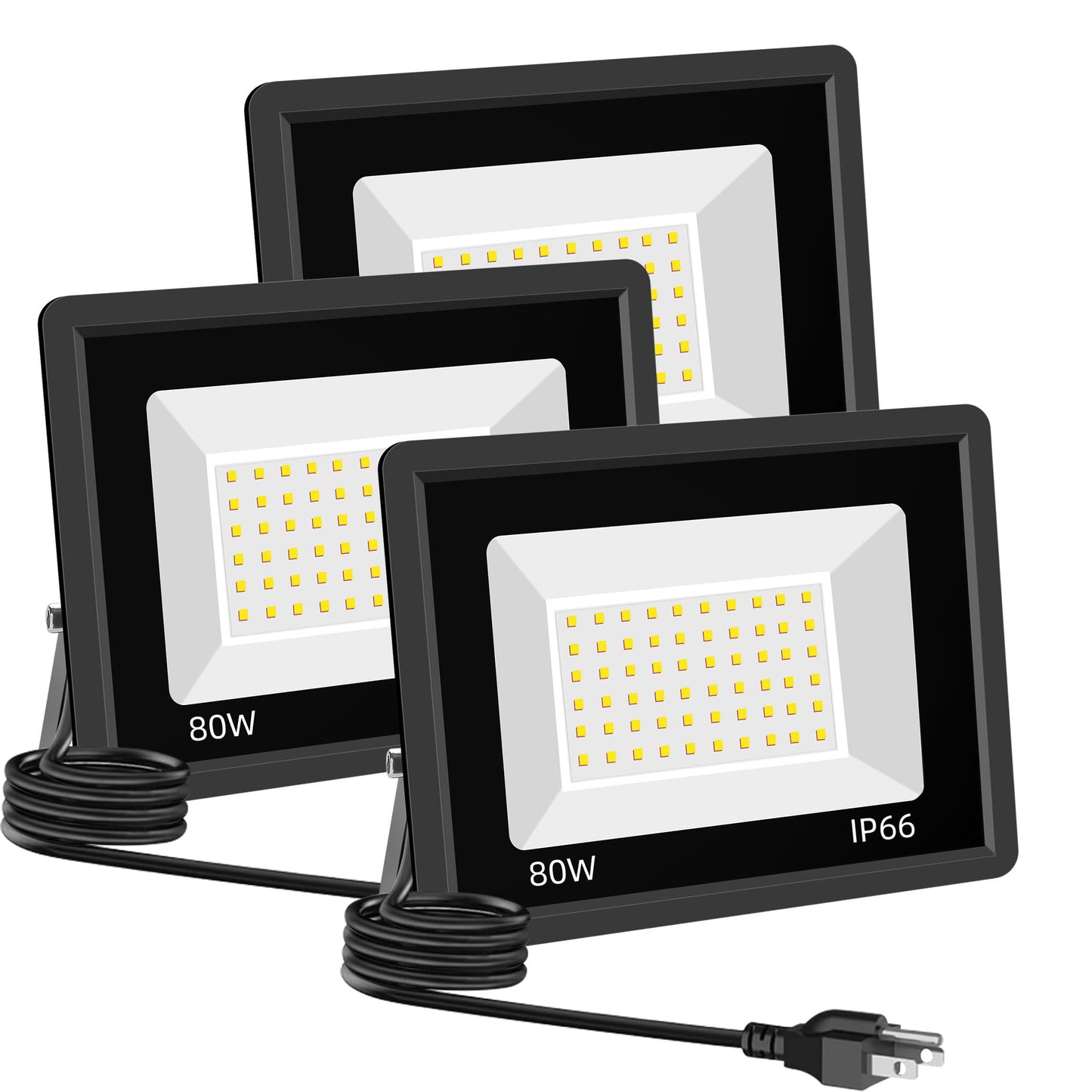 Sunkkes 3 Pack 80W LED Warm White Floodlight, 3000K Outside Flood Light with Plug, Ultra Bright 10400LM Outdoor Security Lights, IP66 Waterproof Flood