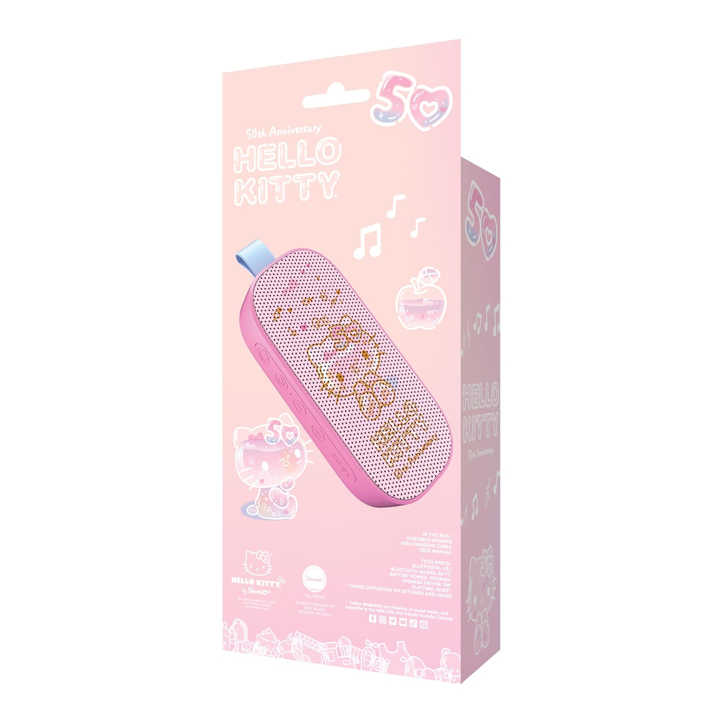 Hello Kitty 50th Anniversary Bluetooth Portable Speaker - Rechargeable Battery, Dynamic Audio, Carry-On Strap, Cute Pink Design for Travel, Parties