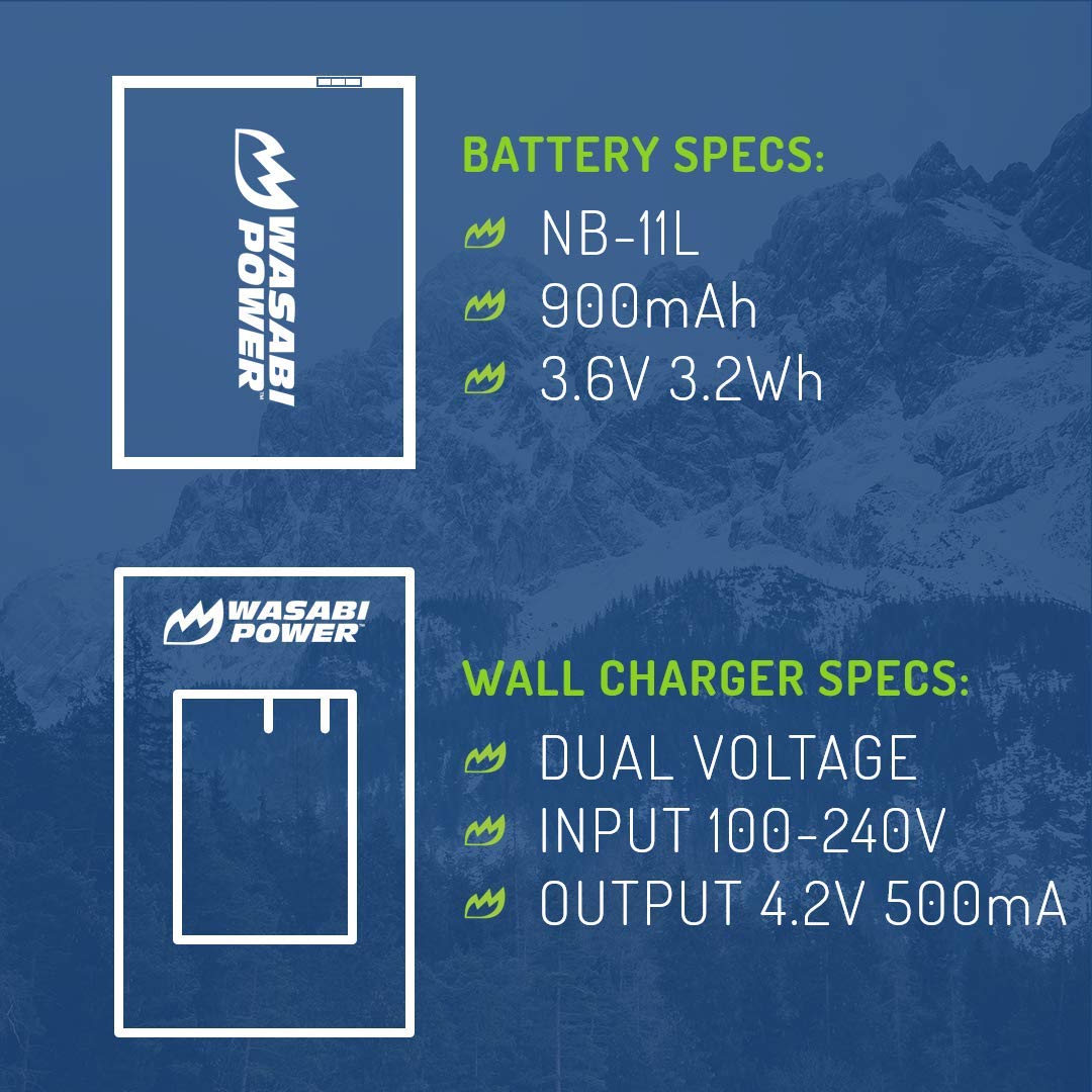 Wasabi Power Battery (2-Pack) and Charger for Canon NB-11L, NB-11LH and Canon PowerShot A2300 IS, A2400 IS, A2500, A2600, A3400 IS, A3500 IS, A4000