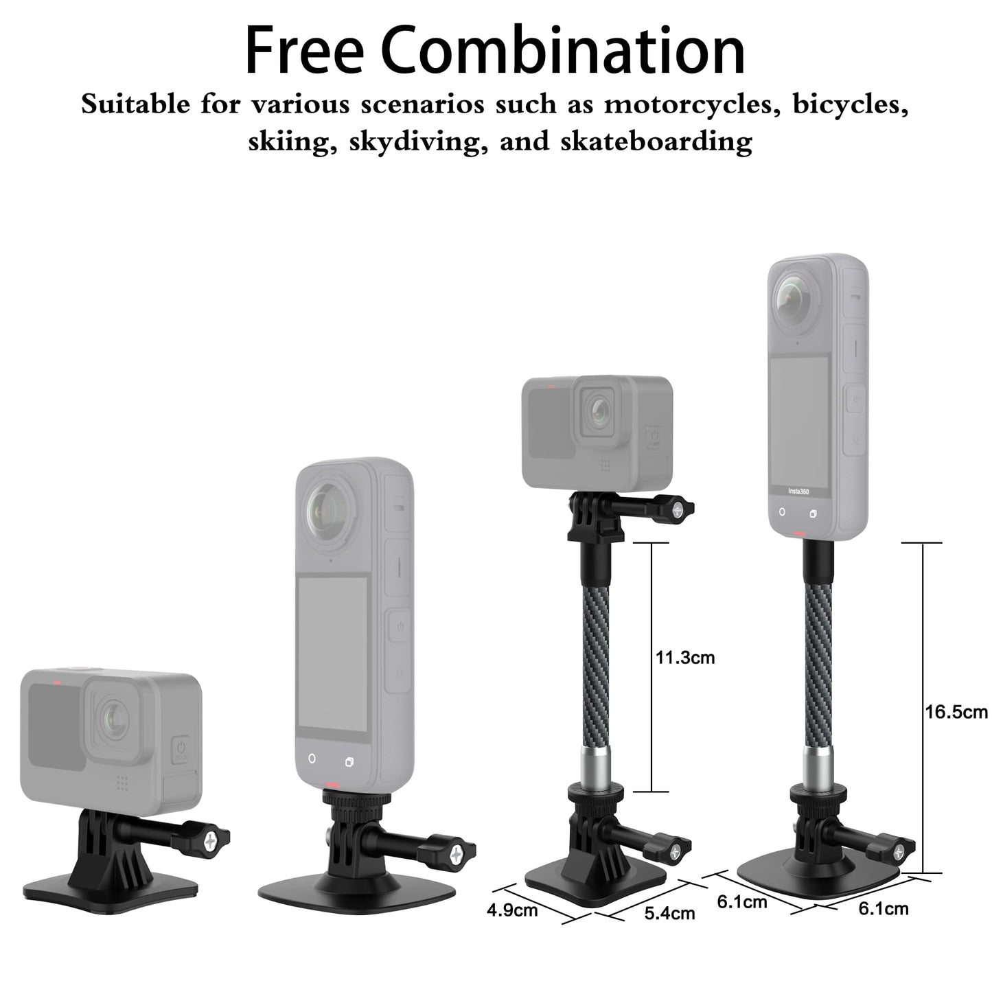 All Carbon Fiber Extension Arm Kit Metal Pole Mount Helmet Stick Extension Arm Mount for GoPro Hero 13/12/11/10/9/8/7/6/5 Black, Insta360 X5 / X4 / X3