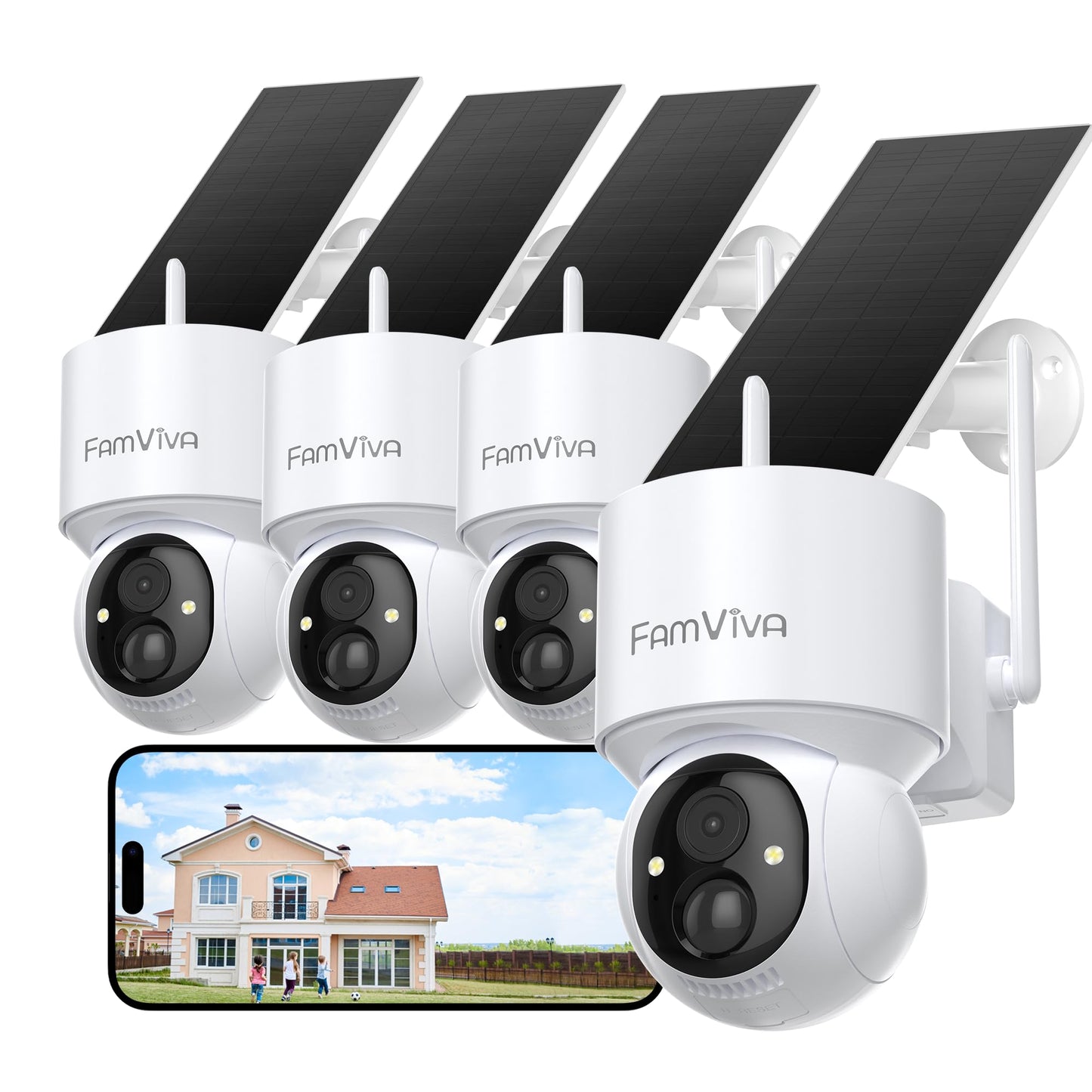 FAMVIVA 2K Solar Security Cameras Wireless Outdoor, 360°PTZ Battery Powered Cameras for Home Security, 2.4G WiFi Outdoor Camera with Color Night
