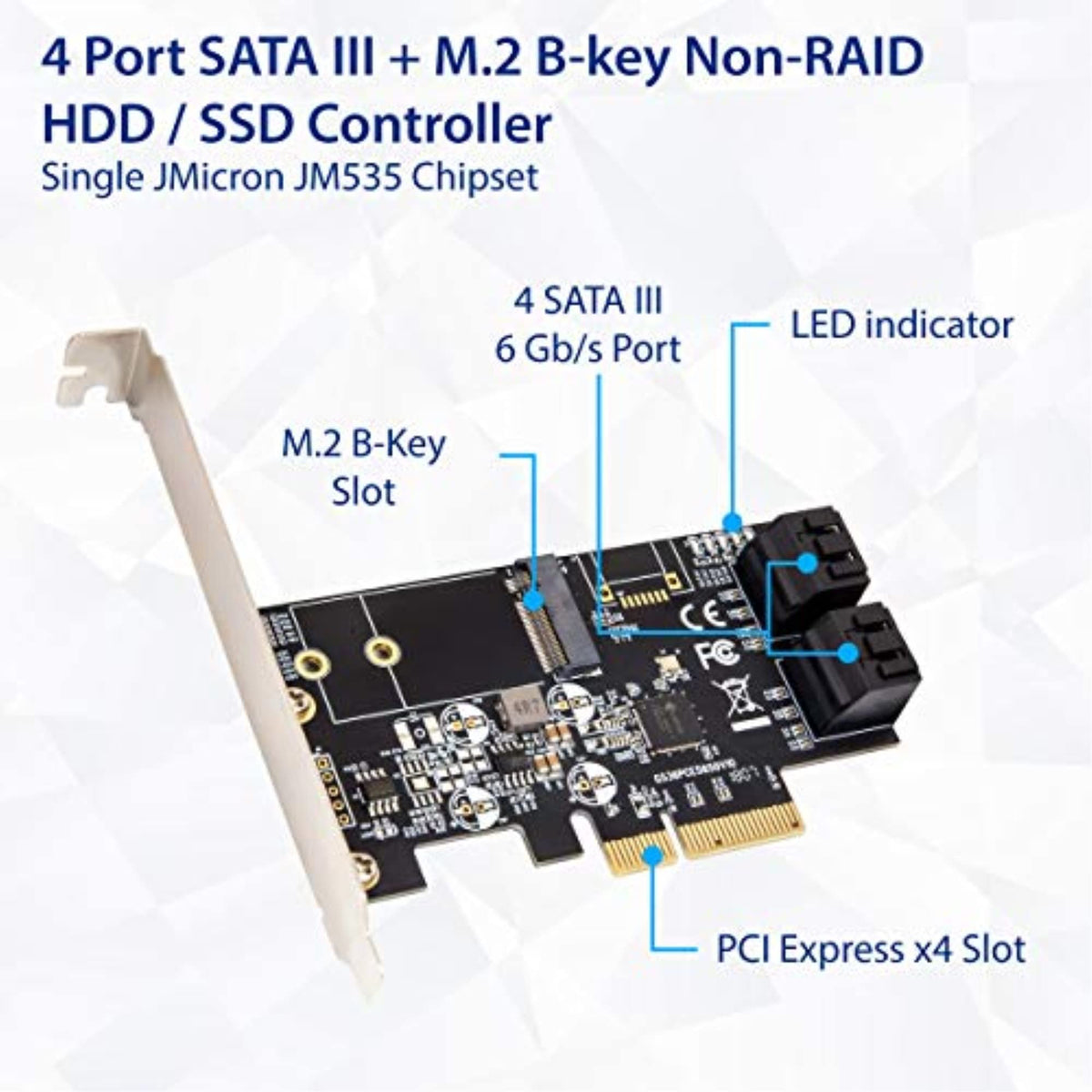 IO Crest SI-PEX40138 Internal 4 Port Non-Raid SATA III 6GB/S with M.2 B-Key 22x42 Pci-E X4 Controller Card for Desktop PC Support SSD and HDD with Low