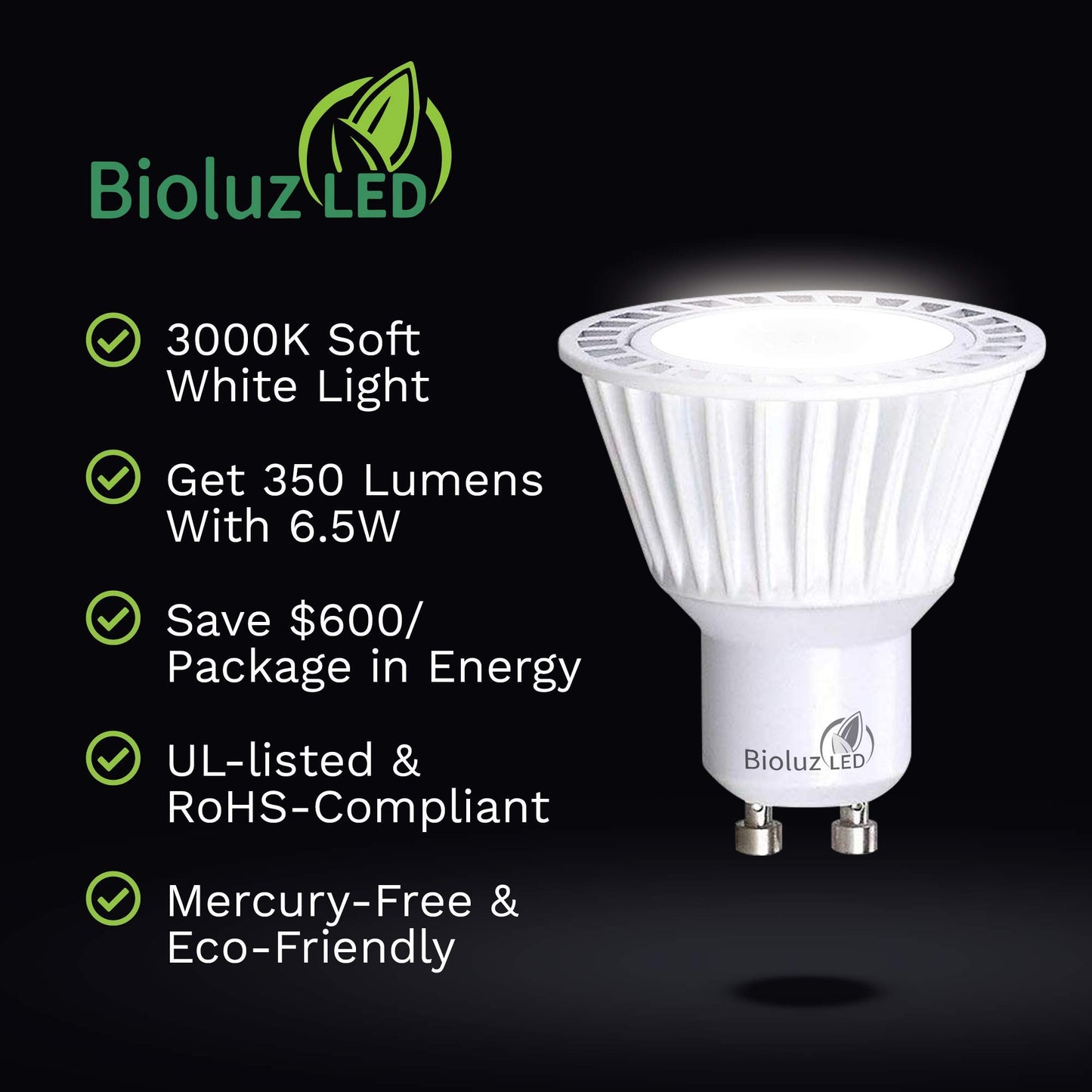 Bioluz LED 5 Pack LED Bulbs Commercial Grade GU10 LED Light Bulb Dimmable 3000K, 50W Halogen Replacement, LED Lights for Bedroom & Home Decor, 120V UL