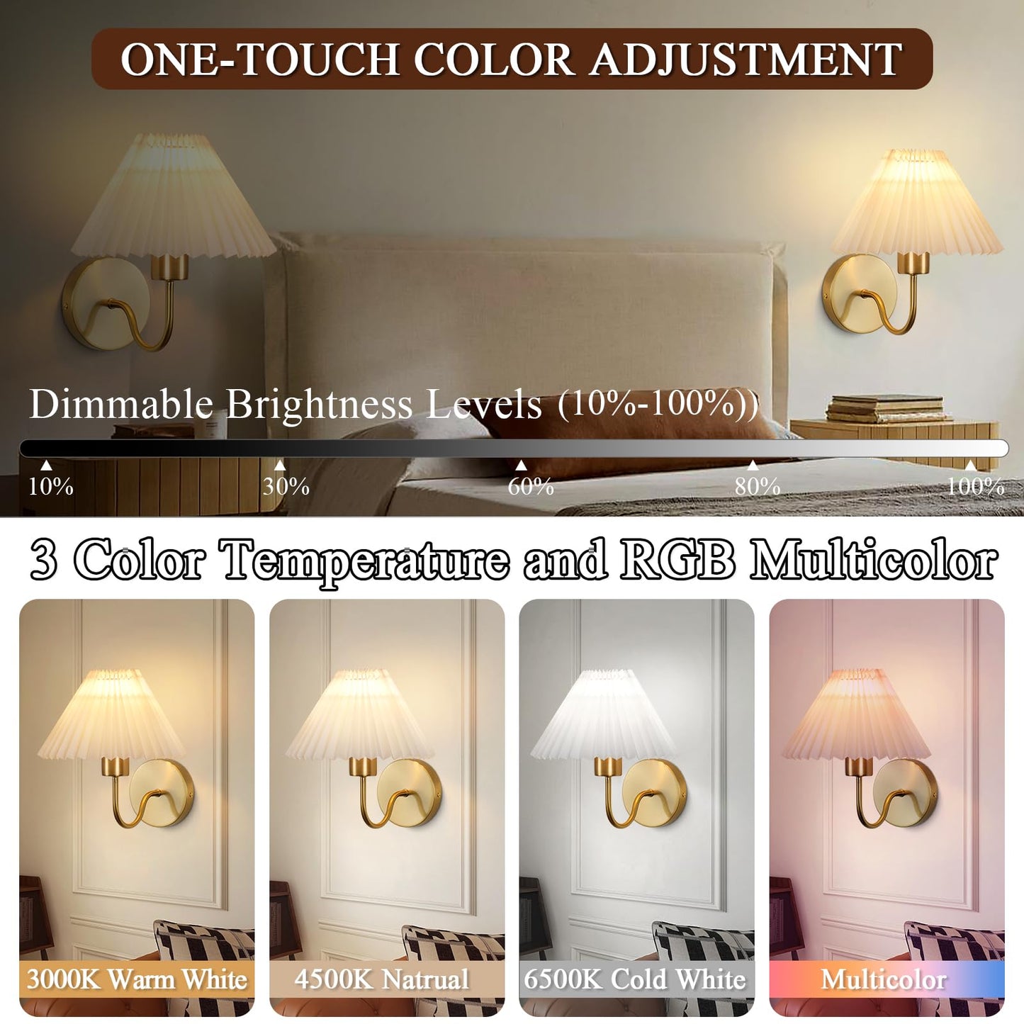 ADISUN Wall Sconces Sets of 2 RGB Battery Operated Wall Sconces for Bedroom Dresser Classic Golden Wall Lamp with Remote for Living Room Bathroom