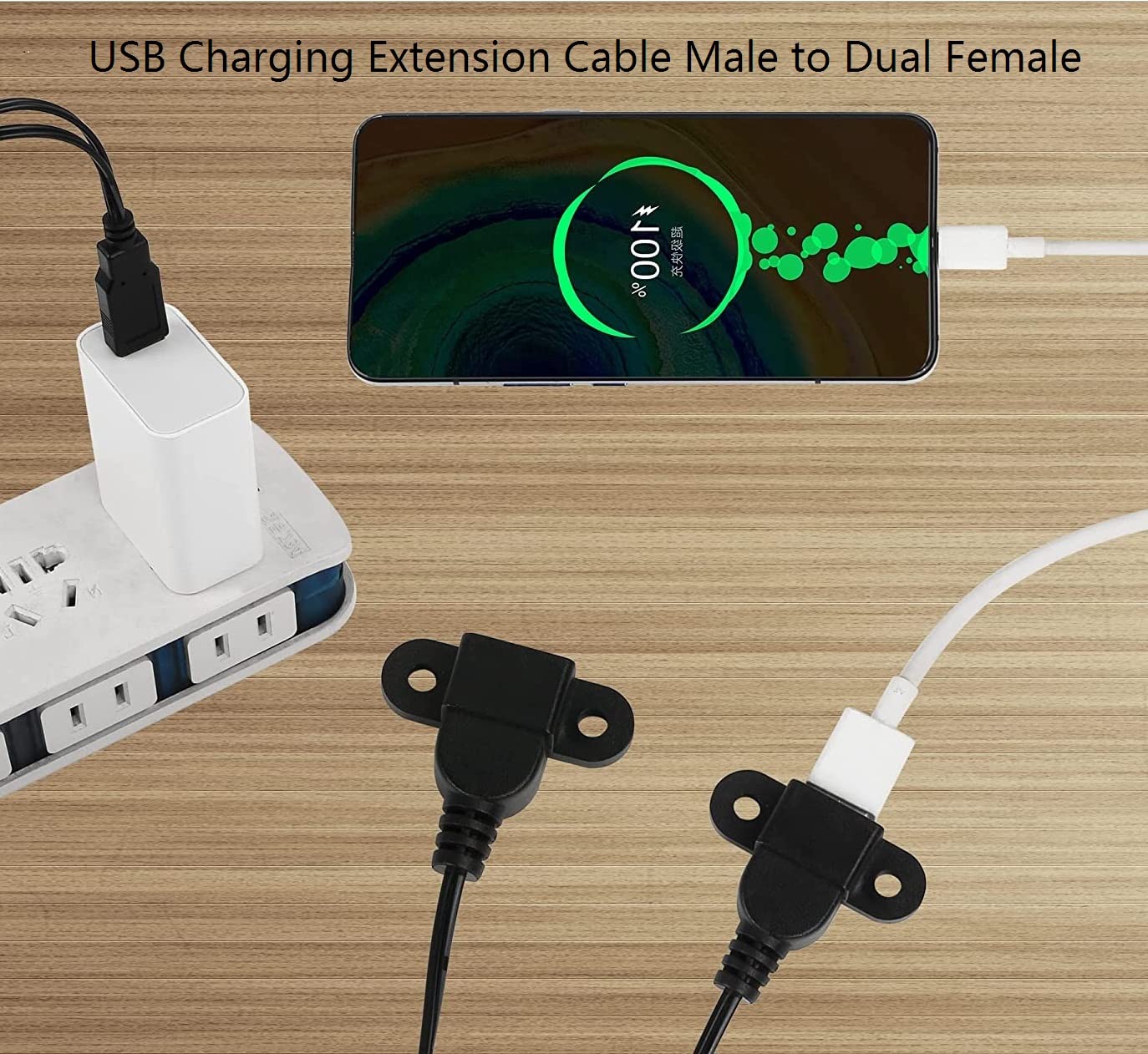 Guo USB Charging Extension Cable Male to Dual Female, USB 2.0 Charging Port 1 to 2 Panel Mount with Screw Hole, Used for Furniture/Mobile