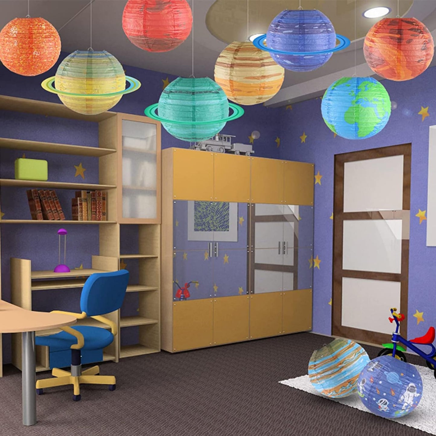 Clonynix 12Pcs 10 Inch Space Planet Paper Lanterns Decorative Solar System Hanging Round Paper Lanterns Lamp for Birthday Party Decoration Home Decor