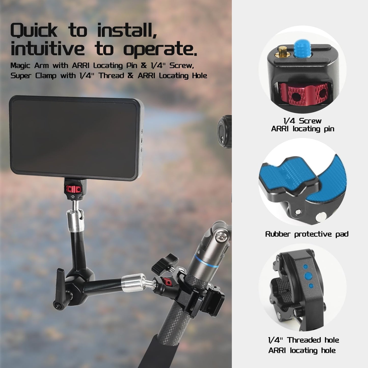 FIFIELD CNC Machined 7" Articulating Magic Arm Clamp Mount with Super Clamp, 360° Dual Ball Head & 1/4" ARRI Locating Pin&Holes, Heavy-Duty Camera