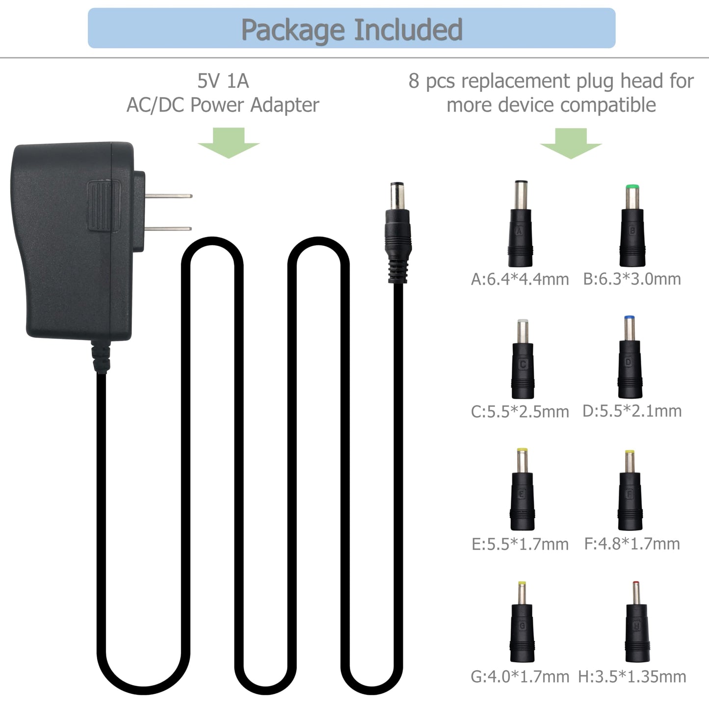 EIKS DC 5V 1A/1000mA Power Supply Adapter with Replacement 8 Plugs for USB Hub TV Box Camera Speaker