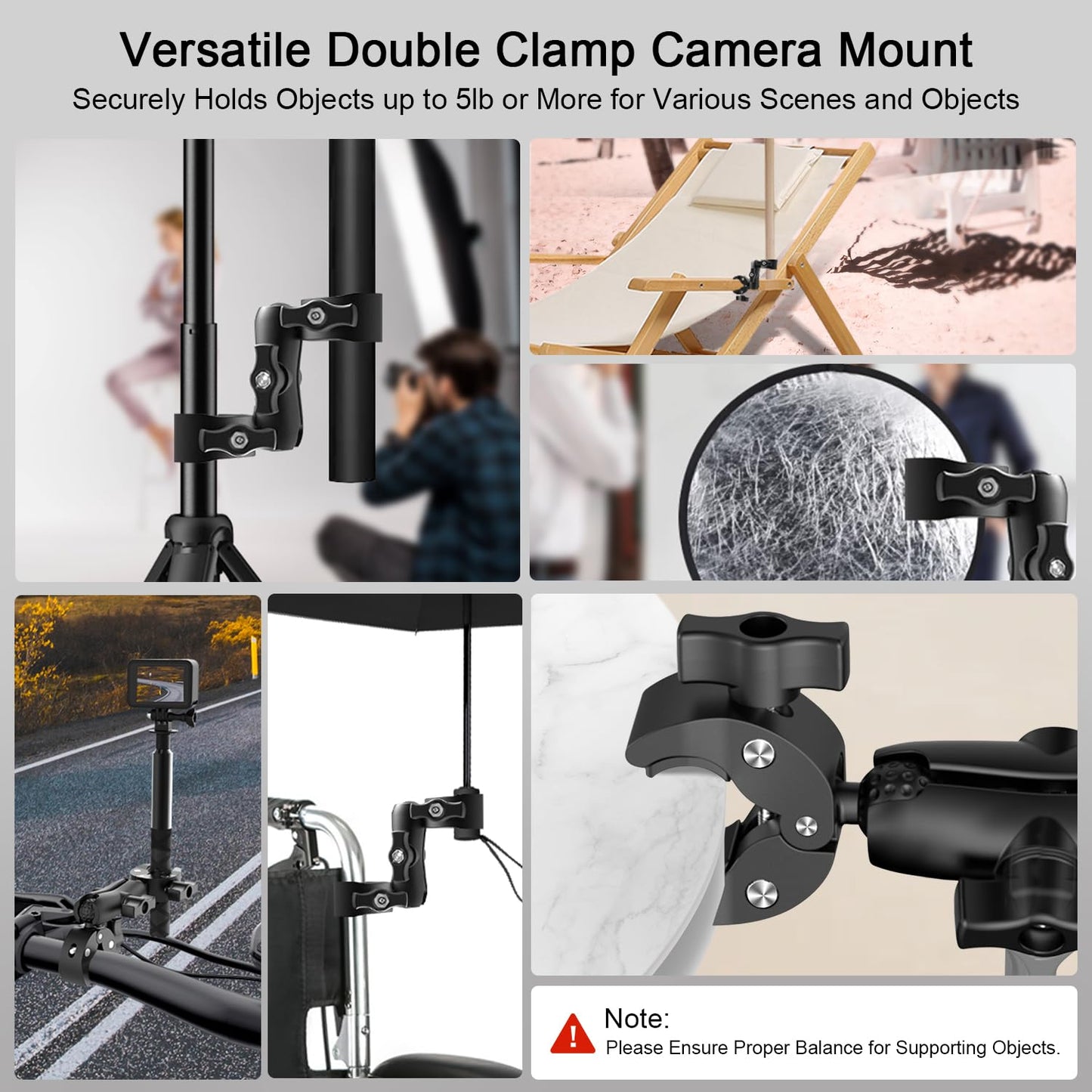 KMDODO Double Clamp Camera Mount - Universal Bracket for Golf Carts, Umbrella Clamp, Desktop, Strollers, Wagons, Photo Studio, and More, Magic Arm