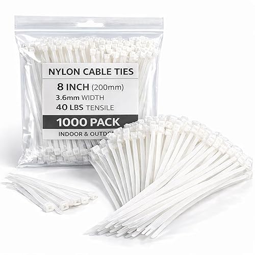 White Zip Ties 8 Inch 1000 Pack, 40 lbs Nylon Cable Ties, Self Locking UV Resistant Wire Ties for Wreath Crafts, DIY, Decor, Indoor Outdoor, Home