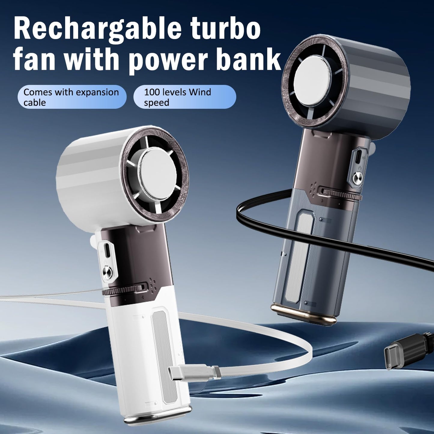 SKEKECIE Portable Handheld Turbo Fan with Ice Cooling,6000mAh Rechargeable Personal Fan,100 Speed Wind, Power for Phone with built-in Type-C, LED