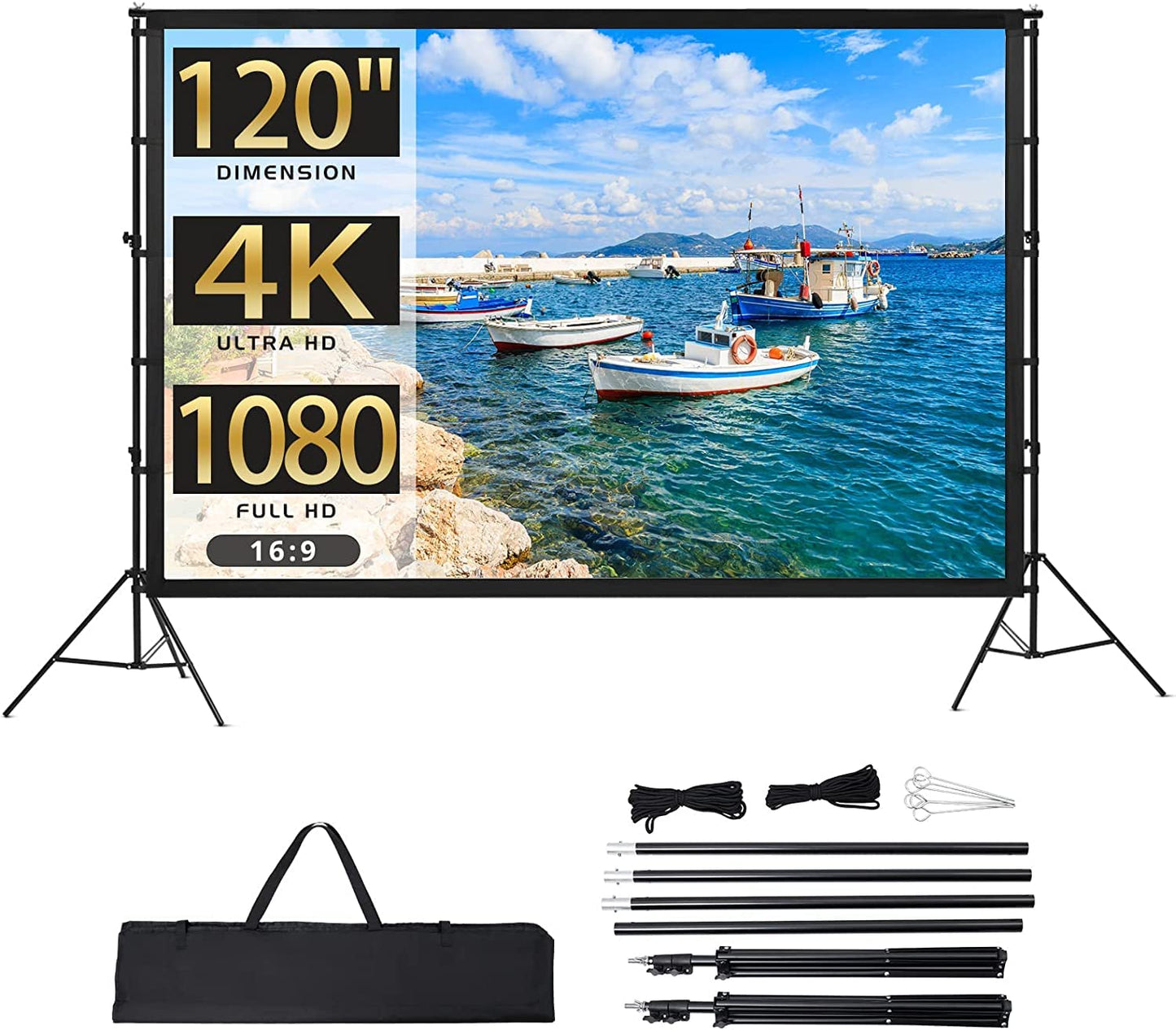 Projector Screen with Stand, Towallmark 120 inch Portable Projection Screen, 16:9 4K HD Rear & Front Projections Movies Screen with Carry Bag,