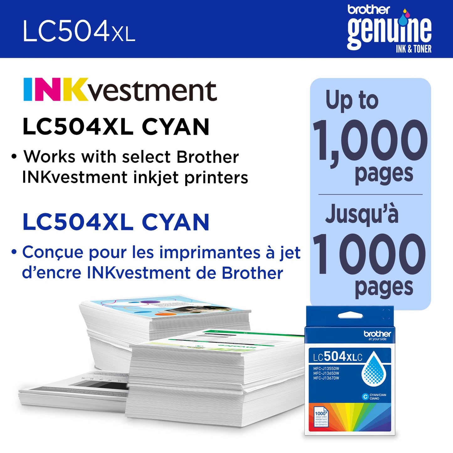 Brother Genuine LC504XLC High Yield Cyan Ink Cartridge (for use INKvestment 1355, 1365, and 1367 Printers)