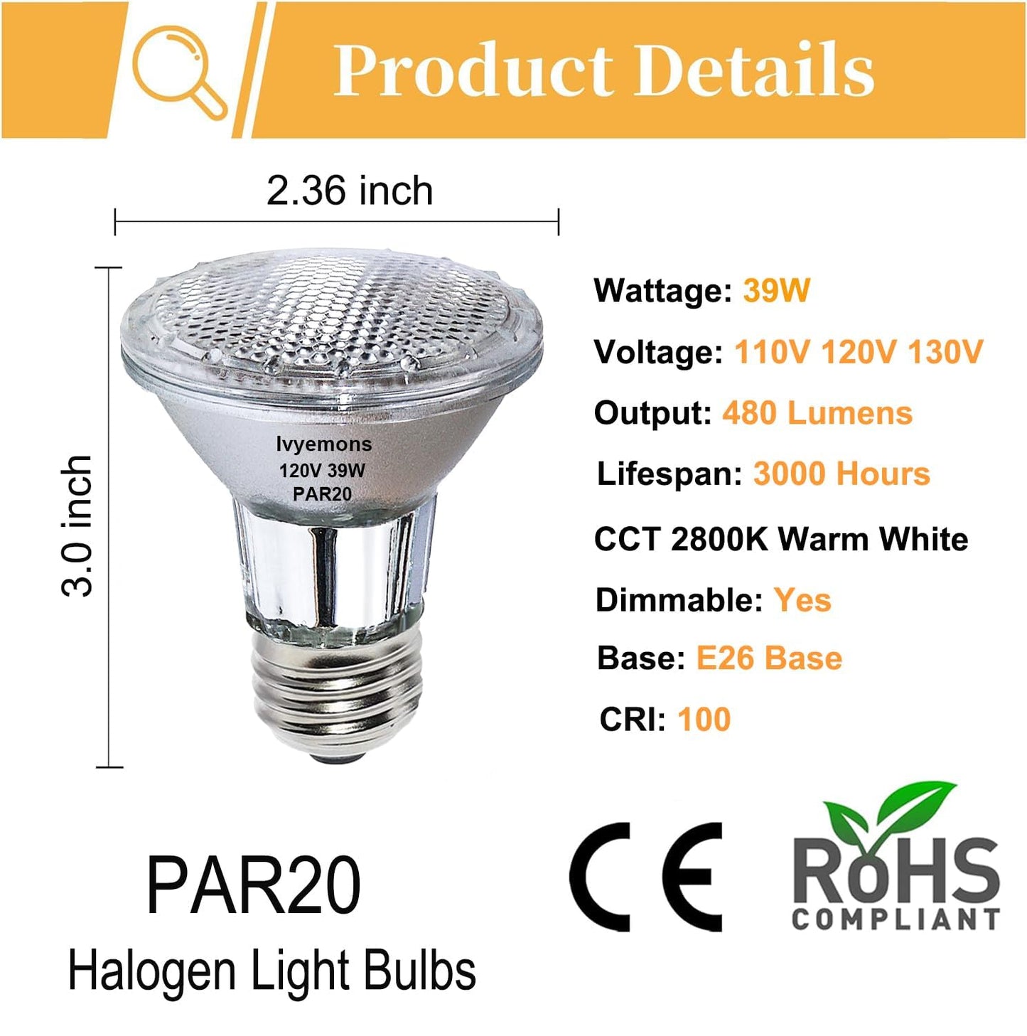Ivyemons Dimmable PAR20 Halogen Flood Bulbs 39W 120V 2800K for Track Lights