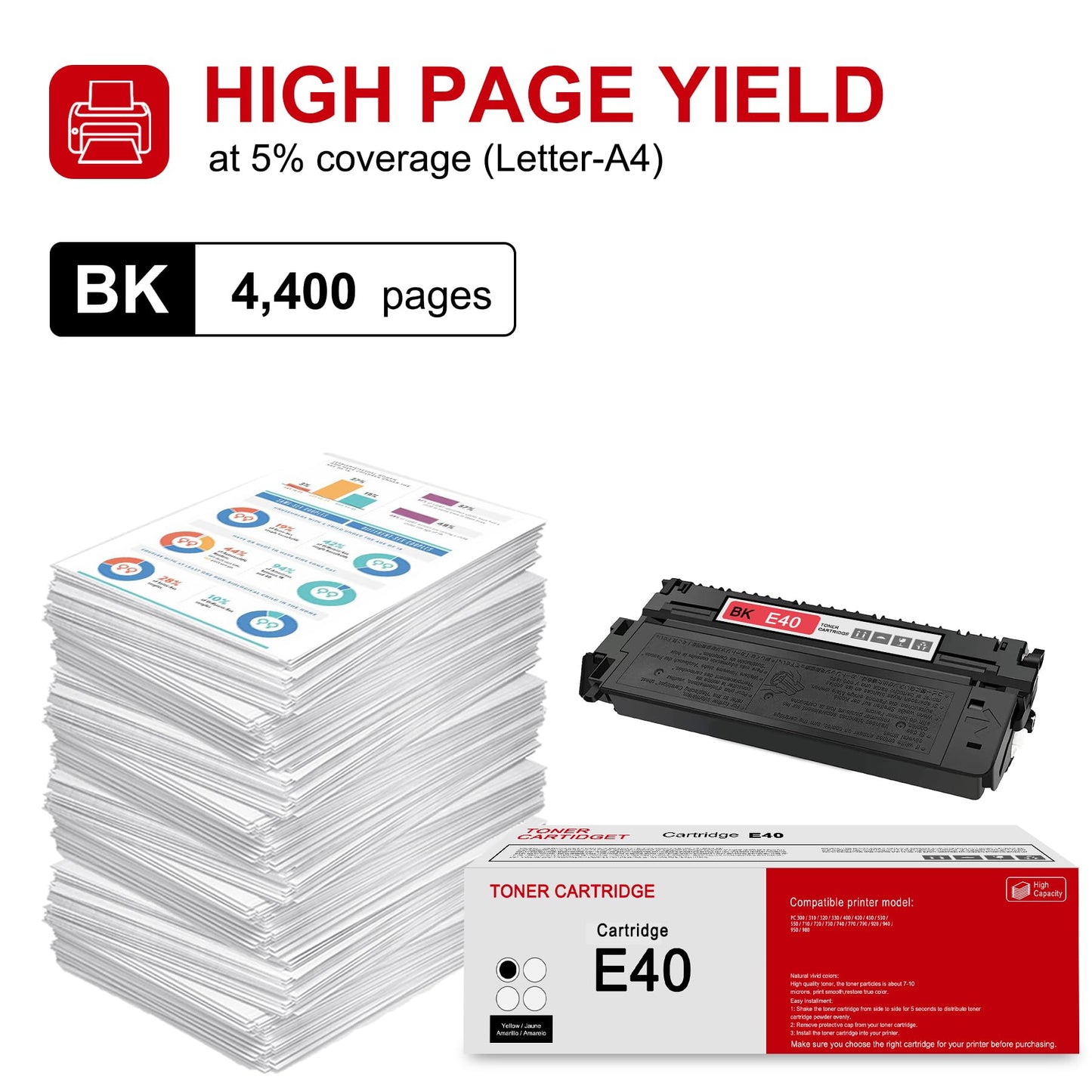 1 Pack E40 1491A002AA Black Toner Cartridge: Compatible CRG E40 1491A002AA Replacement for Canon PC 300 PC 310 PC 400 PC 420 PC 430 PC 710 PC 790 PC